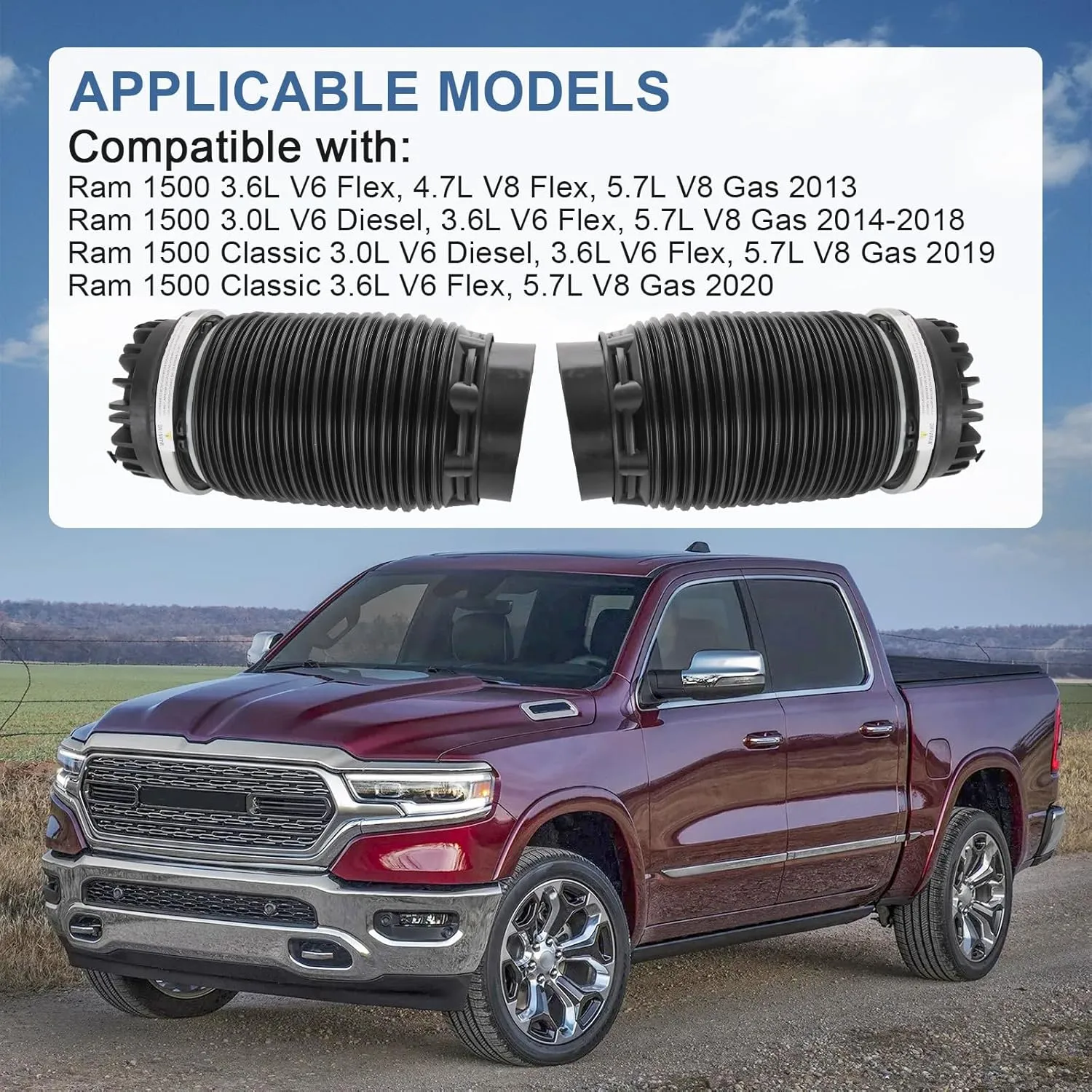 Rear Air Spring Suspension Bag Compatible with Ram 1500 2013-2018 Ram 1500 Classic 2019 2020 3.0L 3.6L Automotive Left & Right Air Shock Absorbers Replaces# 4877136AA 4877136AB 68248948AA