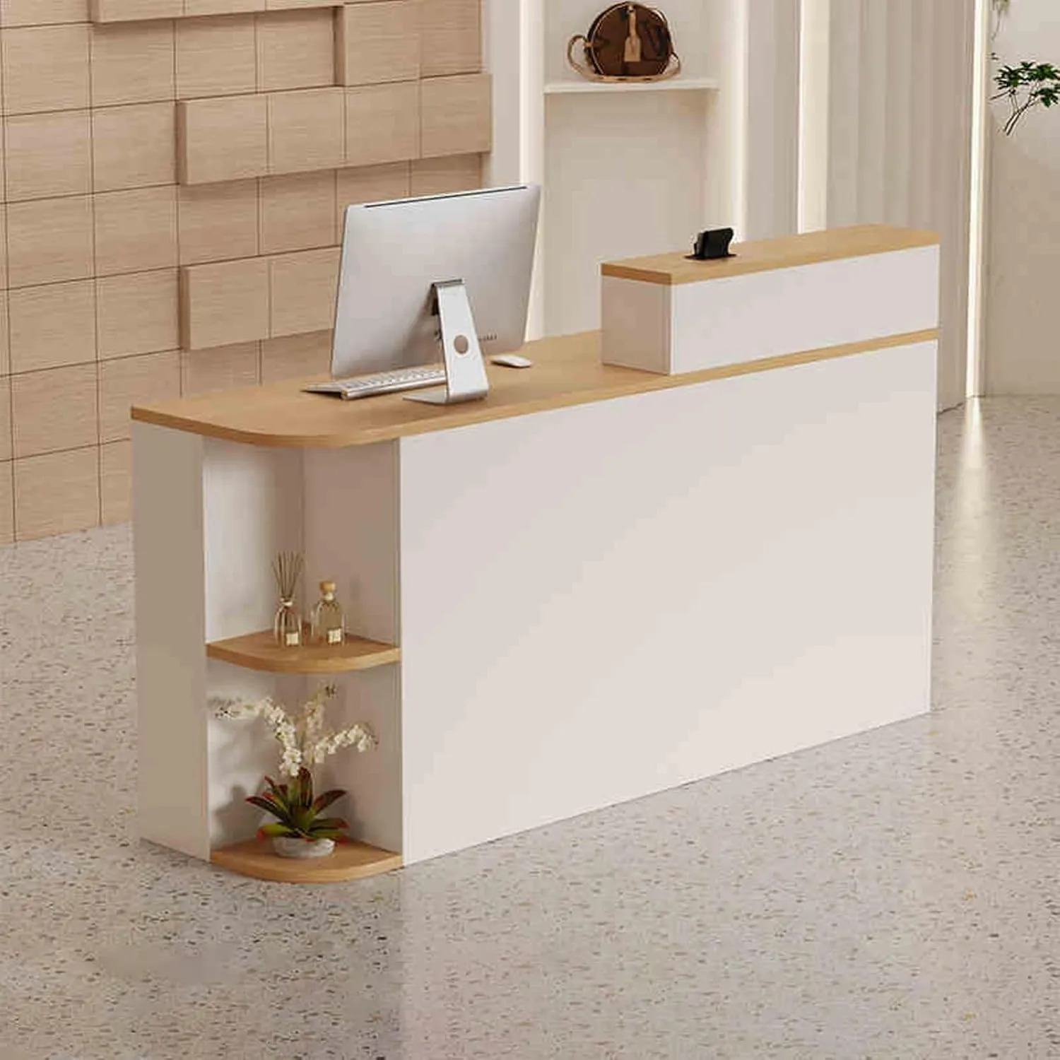 Reception Desk Counter Desk, Modern Front Desk Reception Room Table, Retail Counter with Display Shelf & Drawers, Simple Cashier Cabinet, for Store Shop Clinic Office(Gray