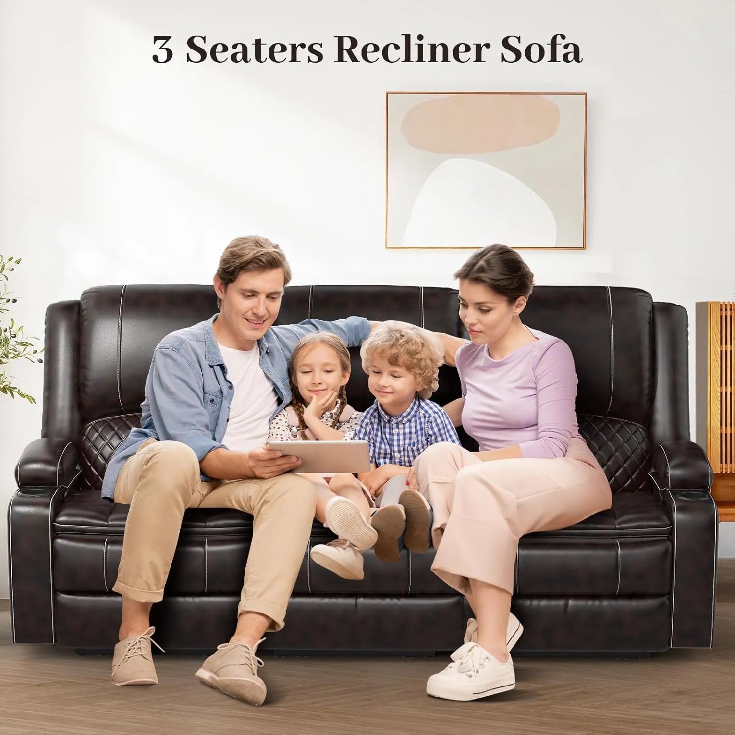 Recliner Sofa, 3 Seater Manual Reclining Sofa with Multi-Function Middle Seat, Reclining Couches for Living Room with Removable Console, Hidden Storage Space, Cup Holders - Brown