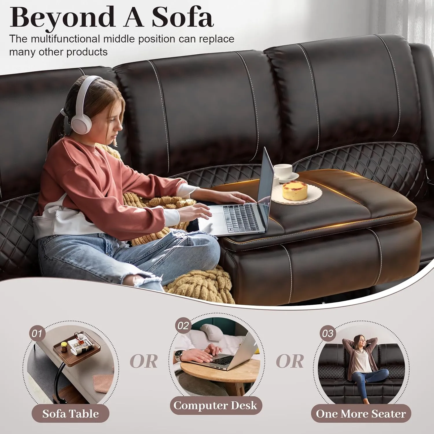 Recliner Sofa, 3 Seater Manual Reclining Sofa with Multi-Function Middle Seat, Reclining Couches for Living Room with Removable Console, Hidden Storage Space, Cup Holders - Brown