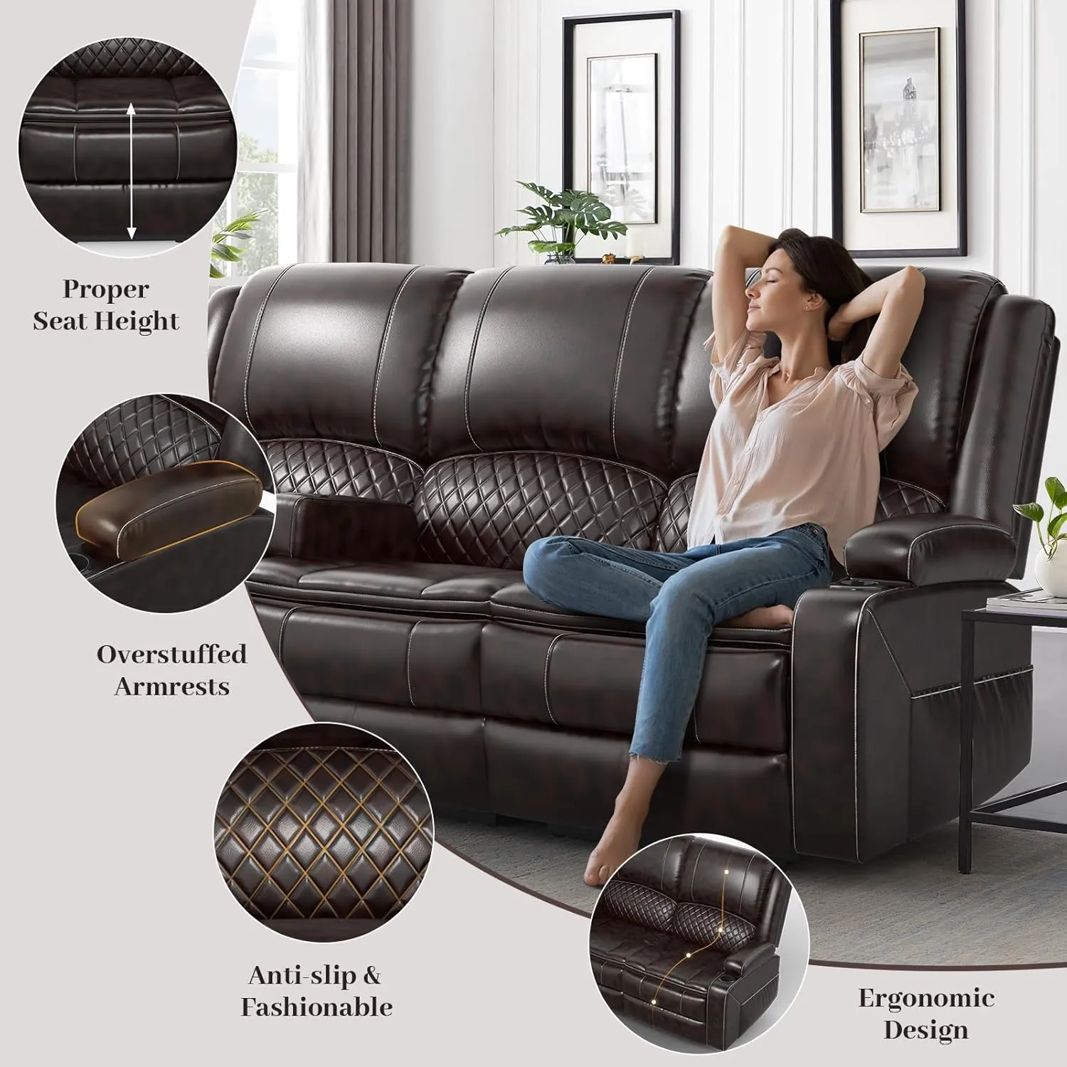 Recliner Sofa, 3 Seater Manual Reclining Sofa with Multi-Function Middle Seat, Reclining Couches for Living Room with Removable Console, Hidden Storage Space, Cup Holders - Brown