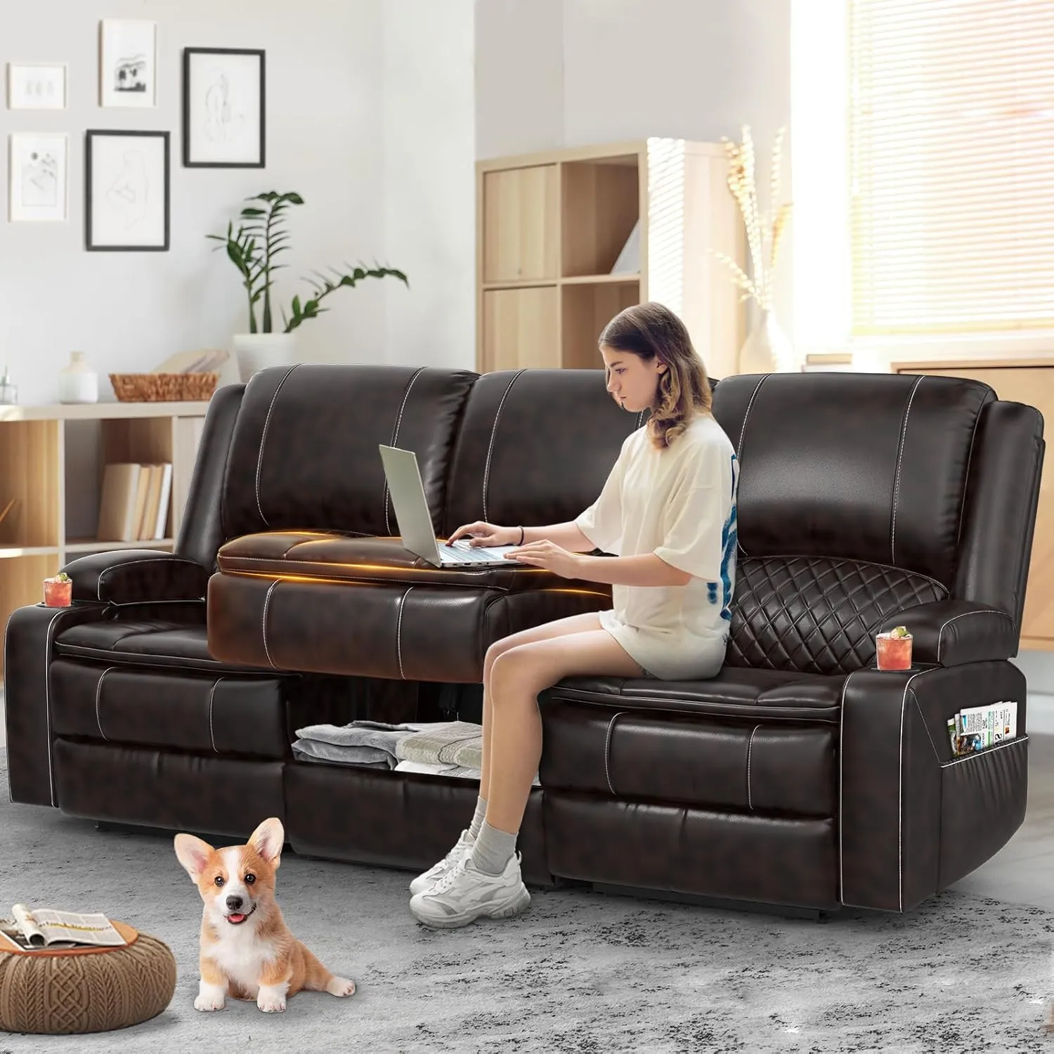Recliner Sofa, 3 Seater Manual Reclining Sofa with Multi-Function Middle Seat, Reclining Couches for Living Room with Removable Console, Hidden Storage Space, Cup Holders - Brown