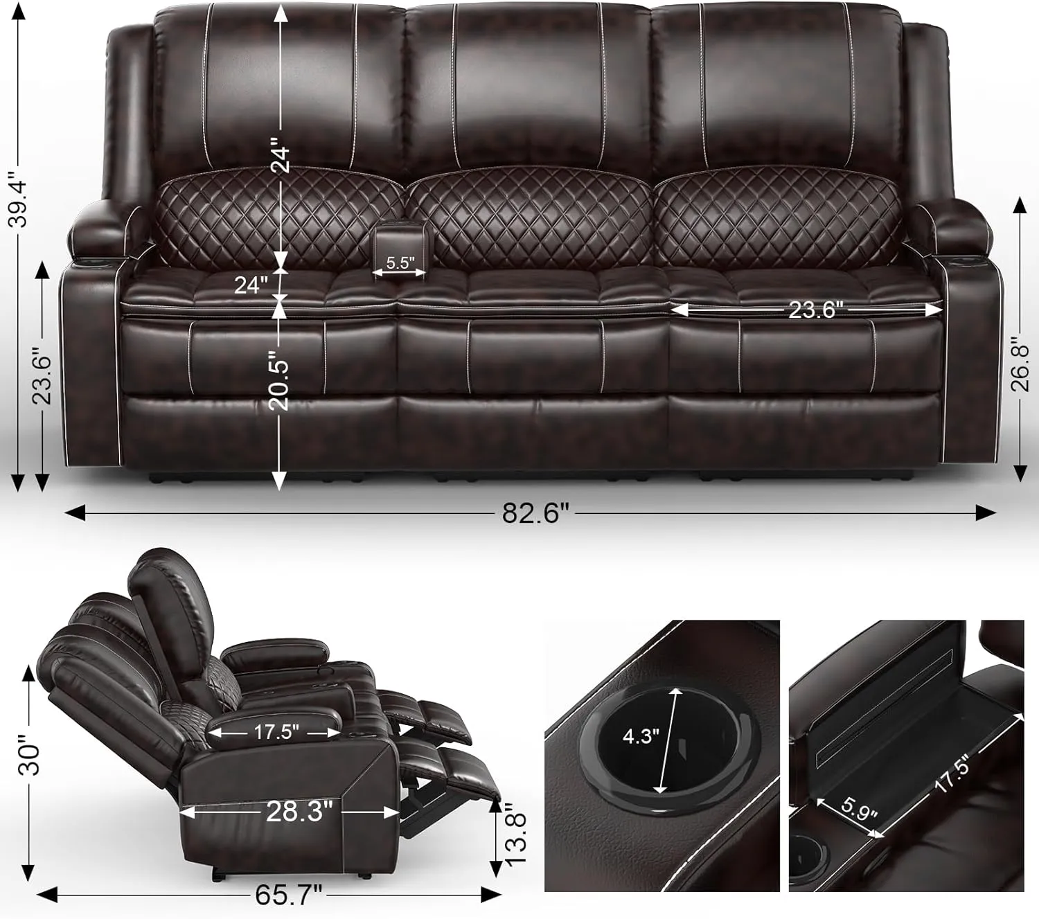 Recliner Sofa, 3 Seater Manual Reclining Sofa with Multi-Function Middle Seat, Reclining Couches for Living Room with Removable Console, Hidden Storage Space, Cup Holders - Brown