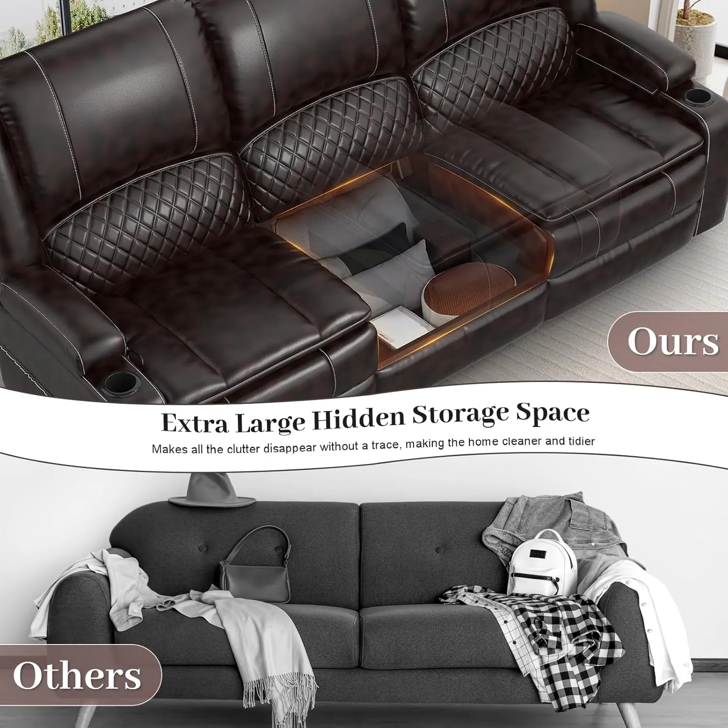 Recliner Sofa, 3 Seater Manual Reclining Sofa with Multi-Function Middle Seat, Reclining Couches for Living Room with Removable Console, Hidden Storage Space, Cup Holders - Brown