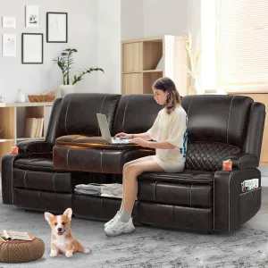 Recliner Sofa, 3 Seater Manual Reclining Sofa with Multi-Function Middle Seat, Reclining Couches for Living Room with Removable Console, Hidden Storage Space, Cup Holders - Brown