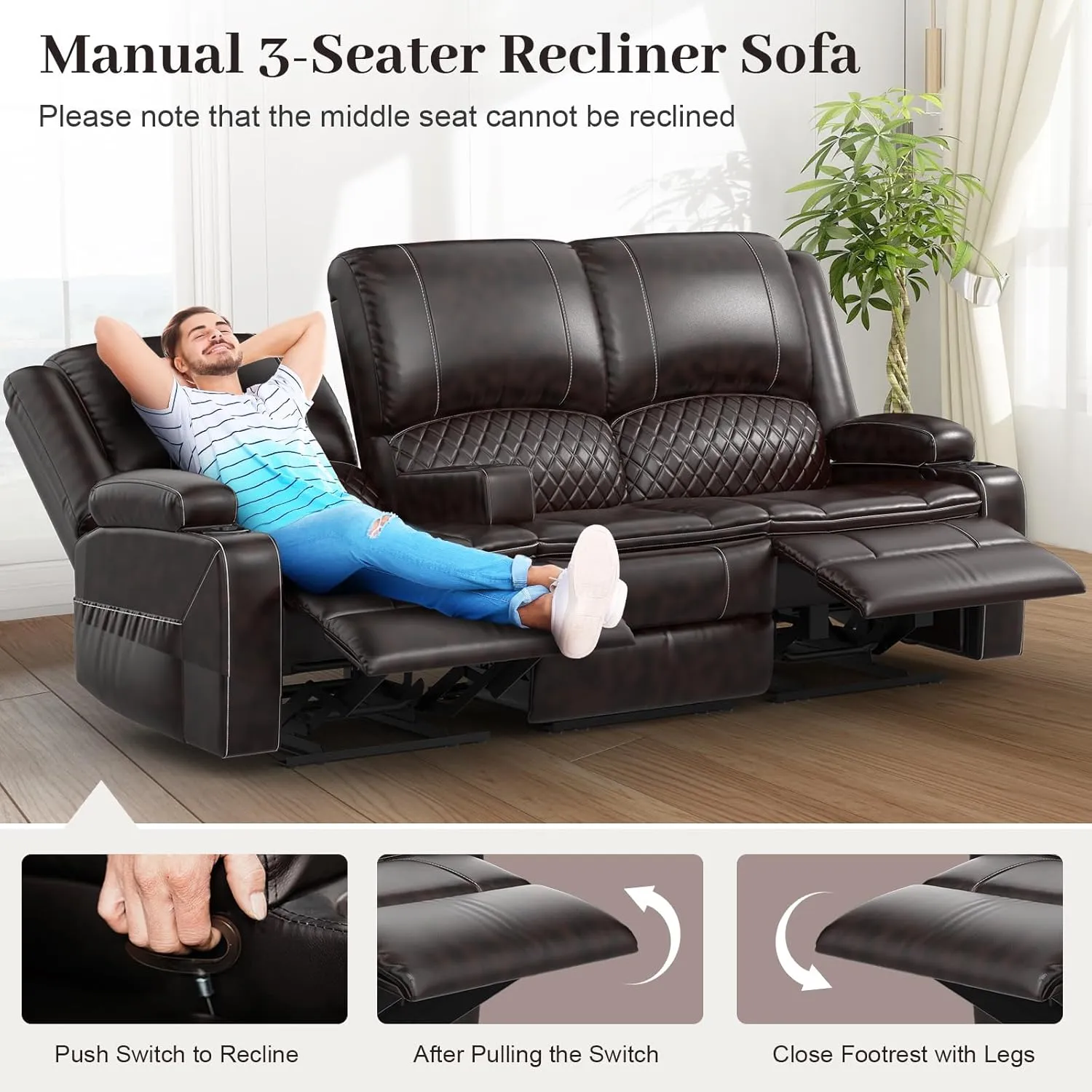 Recliner Sofa, 3 Seater Manual Reclining Sofa with Multi-Function Middle Seat, Reclining Couches for Living Room with Removable Console, Hidden Storage Space, Cup Holders - Brown