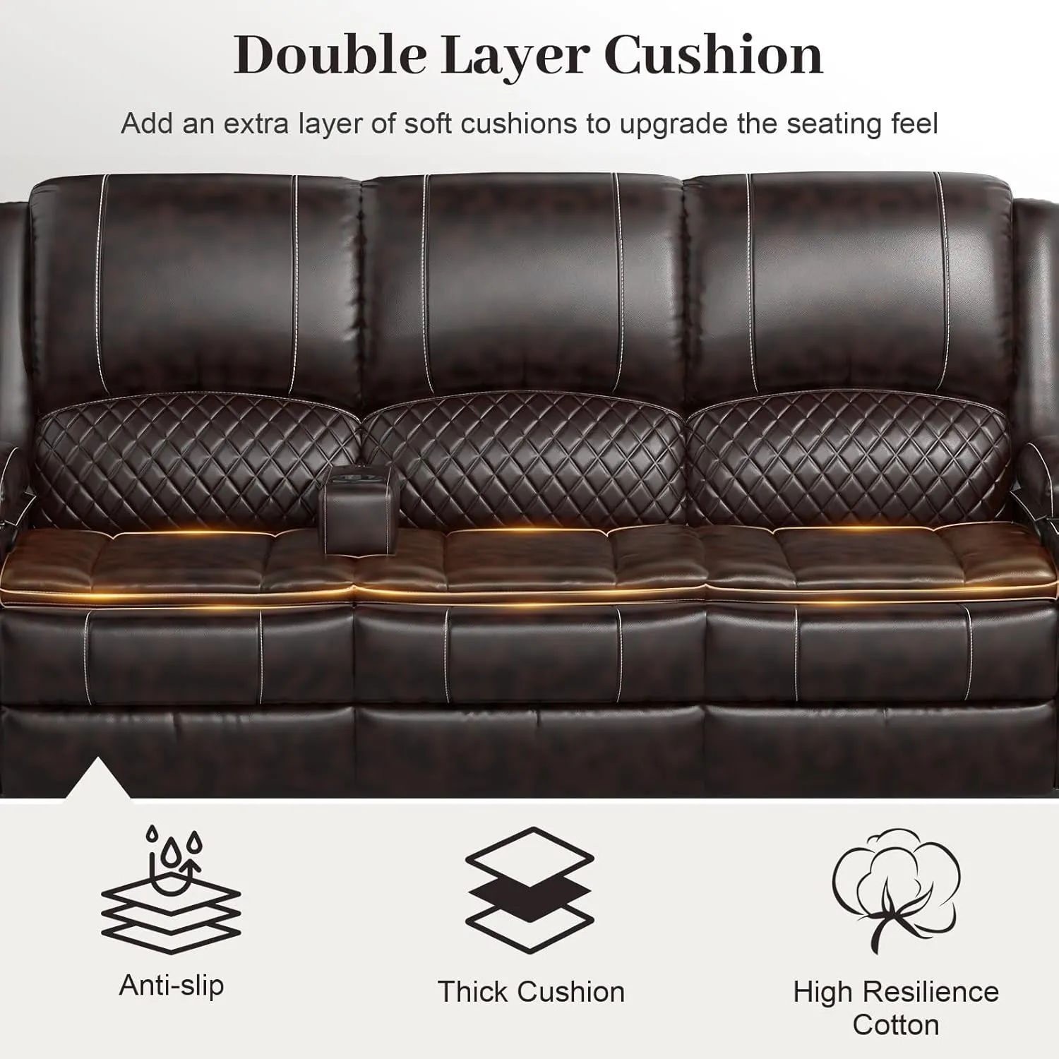 Recliner Sofa, 3 Seater Manual Reclining Sofa with Multi-Function Middle Seat, Reclining Couches for Living Room with Removable Console, Hidden Storage Space, Cup Holders - Brown