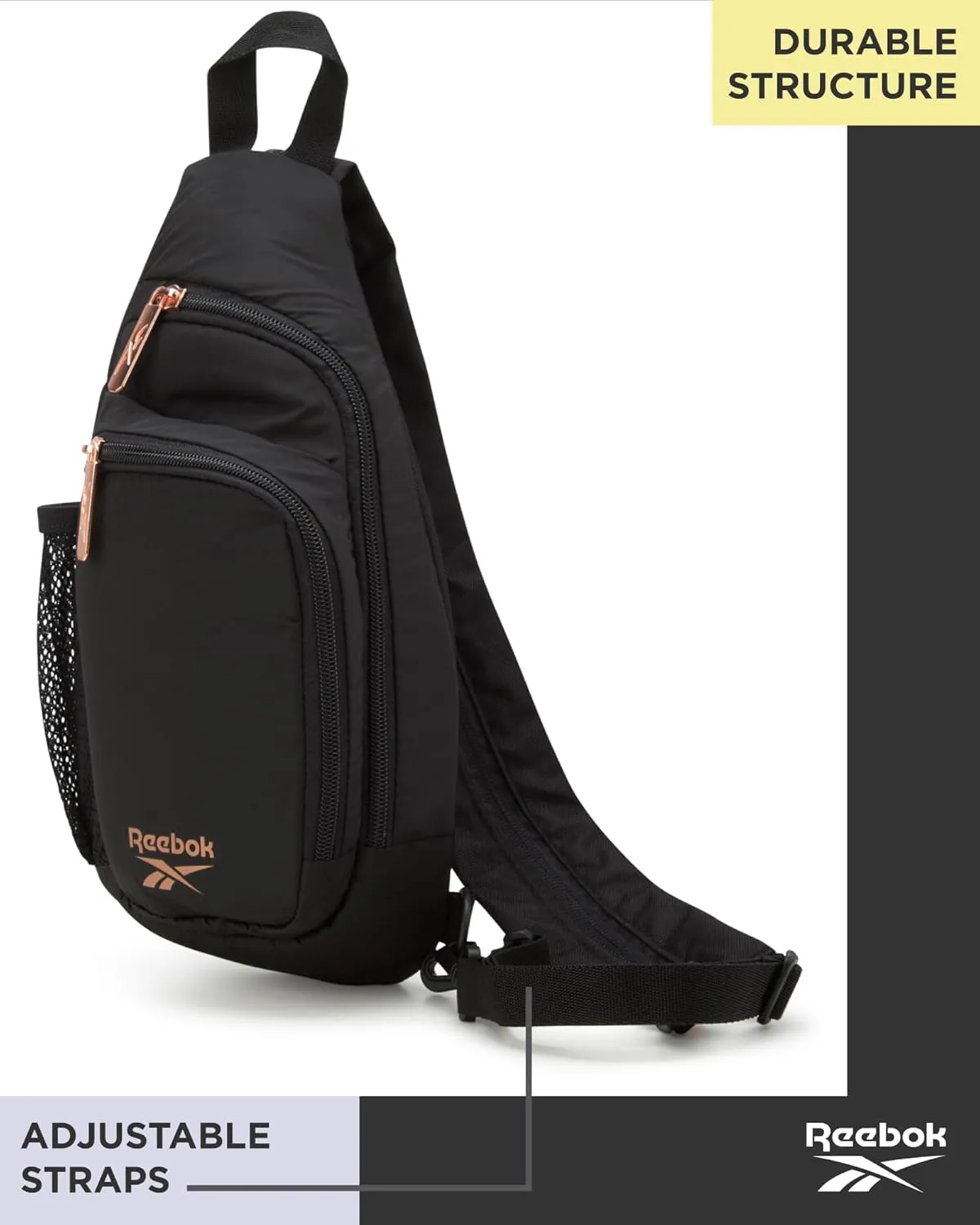 Reebok Men and Womens Crossbody Bag - Small Cross Body Bags for Women Backpack with Adjustable Strap for Travel and Gym, Black Madeline