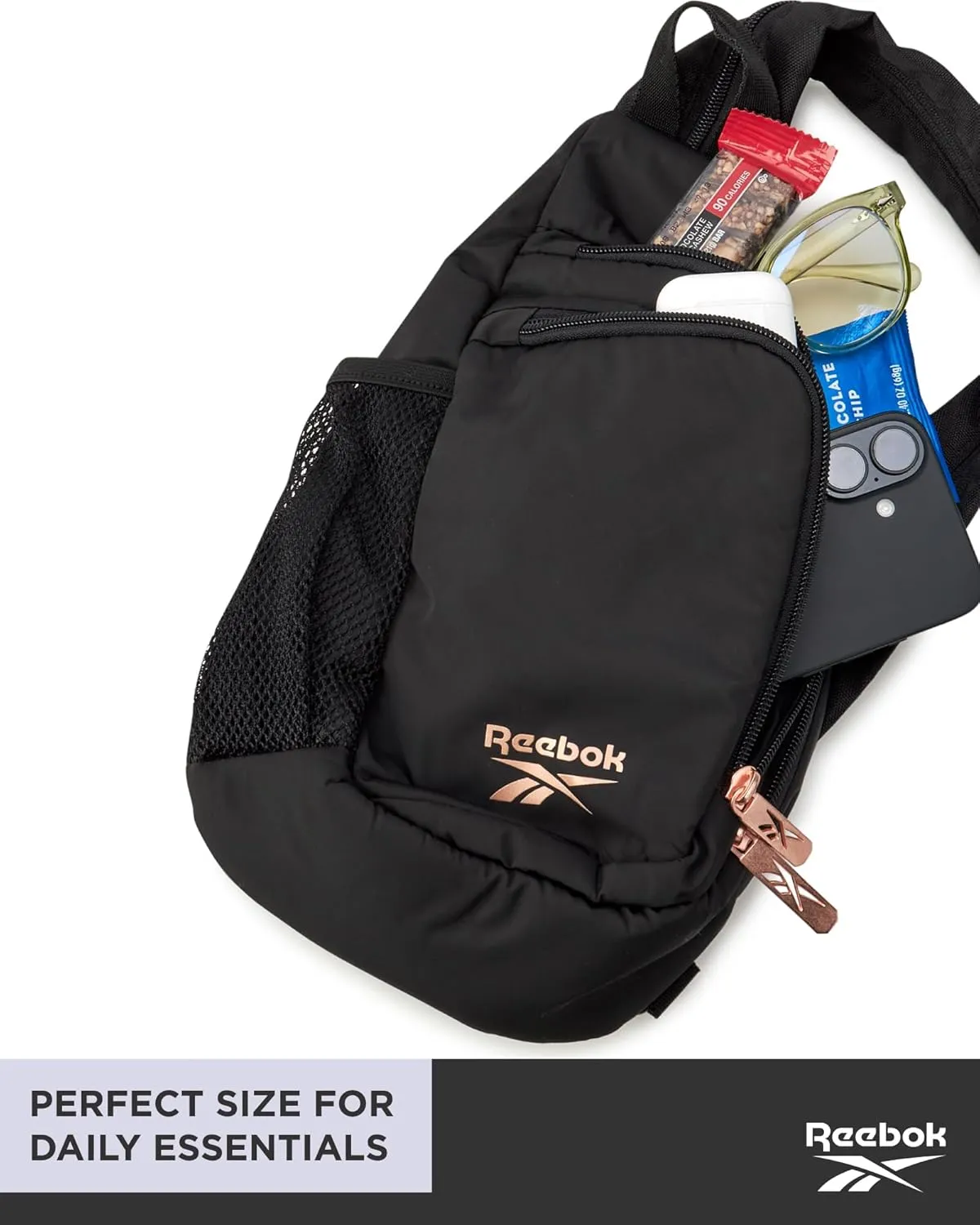 Reebok Men and Womens Crossbody Bag - Small Cross Body Bags for Women Backpack with Adjustable Strap for Travel and Gym, Black Madeline