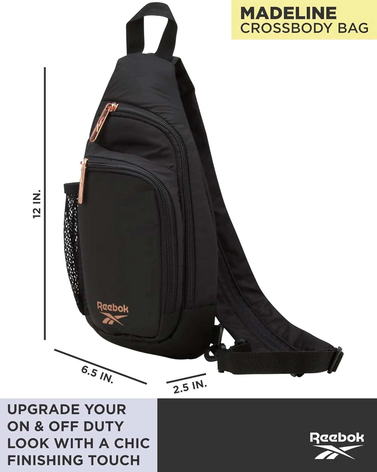 Reebok Men and Womens Crossbody Bag - Small Cross Body Bags for Women Backpack with Adjustable Strap for Travel and Gym, Black Madeline