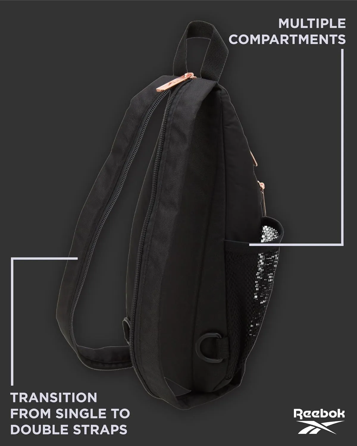 Reebok Men and Womens Crossbody Bag - Small Cross Body Bags for Women Backpack with Adjustable Strap for Travel and Gym, Black Madeline