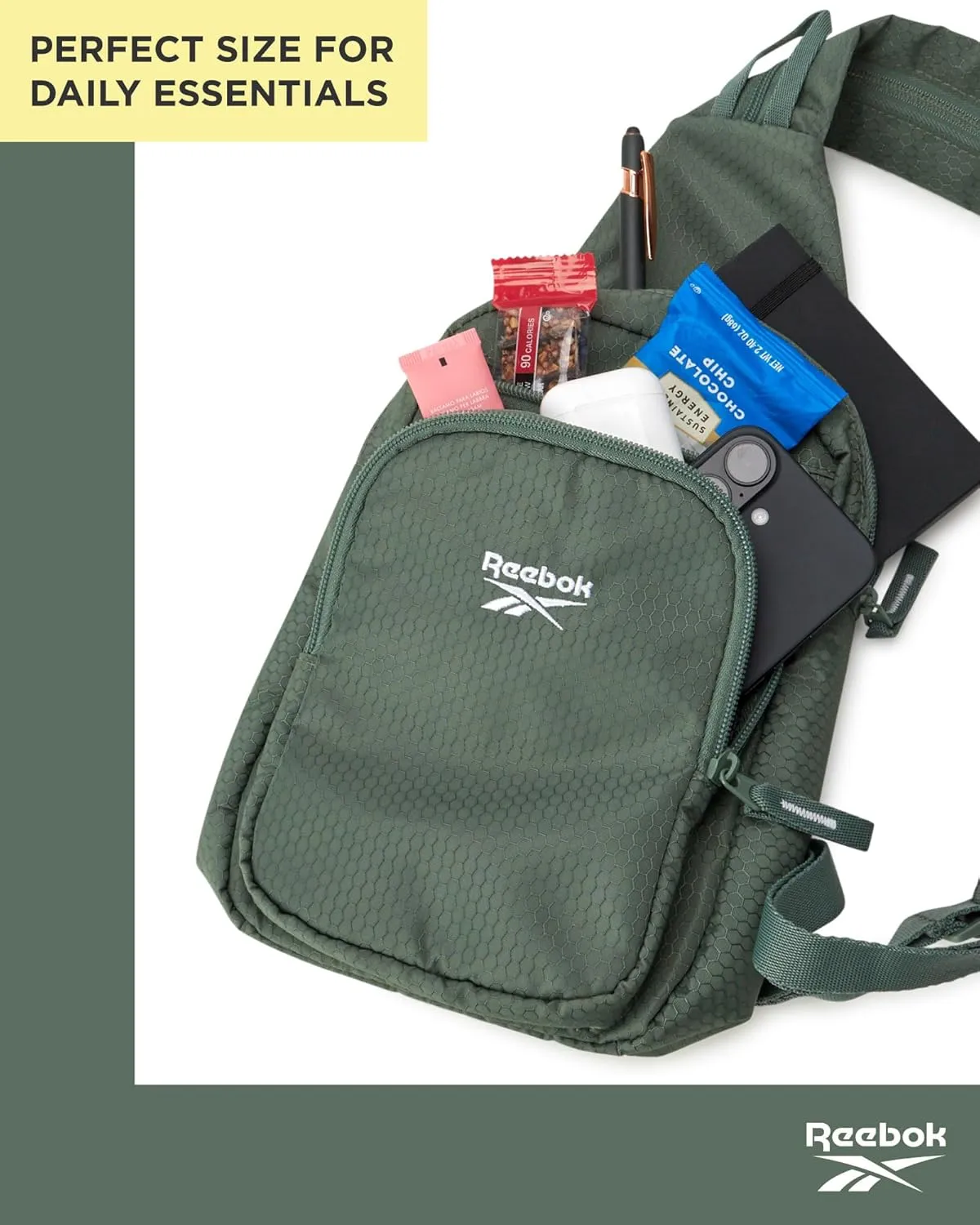 Reebok Unisex Crossbody Bag - Compact Sling Crossbody Bags for Women and Men with Convertible Strap for Gym and Travel, Size One Size, Cosmos Green