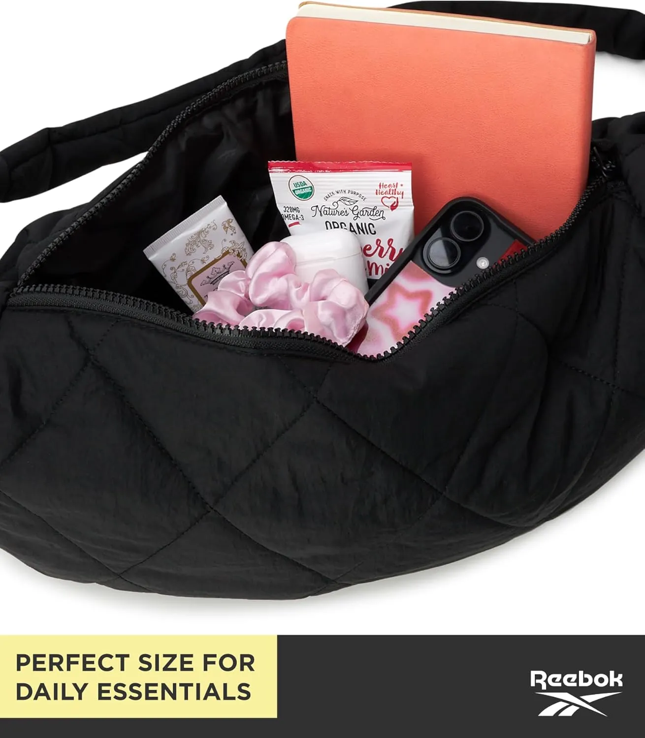 Reebok Womens Crossbody Bag - Oversized Quilted Puffer Tote Bag for Women, Large Shoulder Purse for Gym Travel & Everyday Use