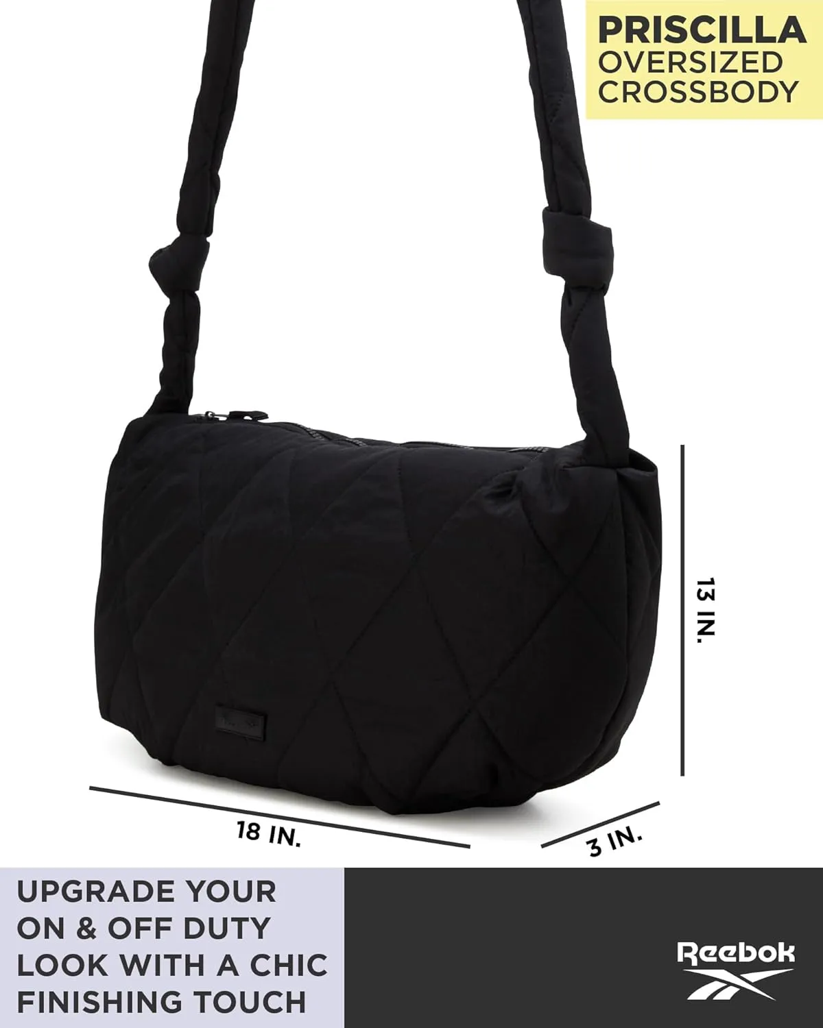 Reebok Womens Crossbody Bag - Oversized Quilted Puffer Tote Bag for Women, Large Shoulder Purse for Gym Travel & Everyday Use