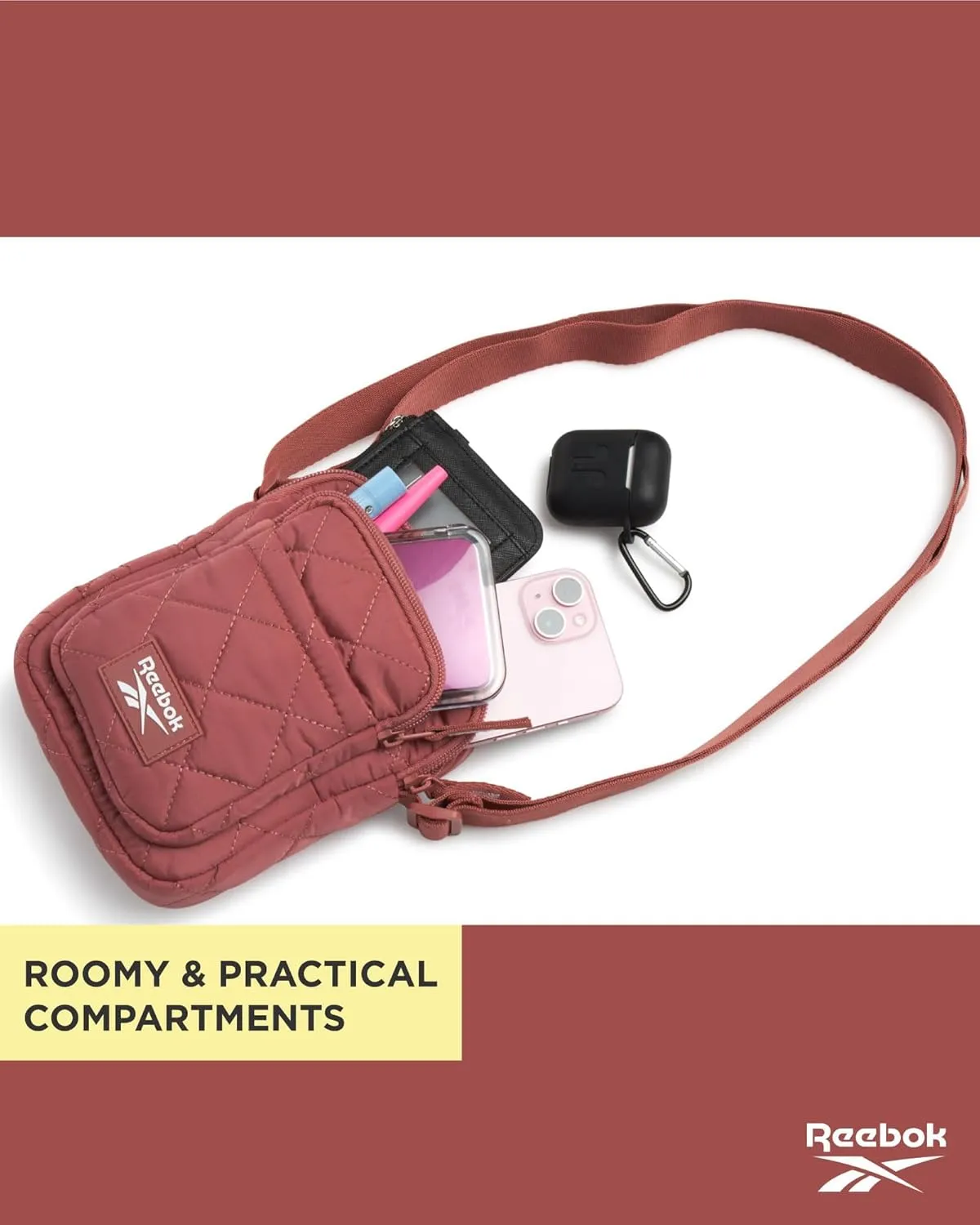 Reebok Womens Crossbody Bags - Lightweight Sling Cell Phone Purse, Quilted Small Crossbody Bags Women