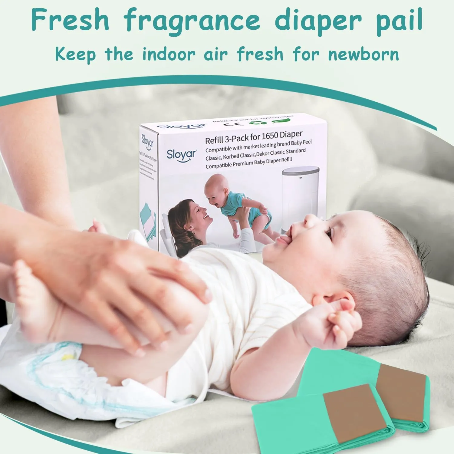 Refill Diaper Pail Bags - 3 Pack for 1650 Diapers, Talcum Powder Scent, Compatible with DEKOR Classic Trash Can, Extra Thick for Leak Protection