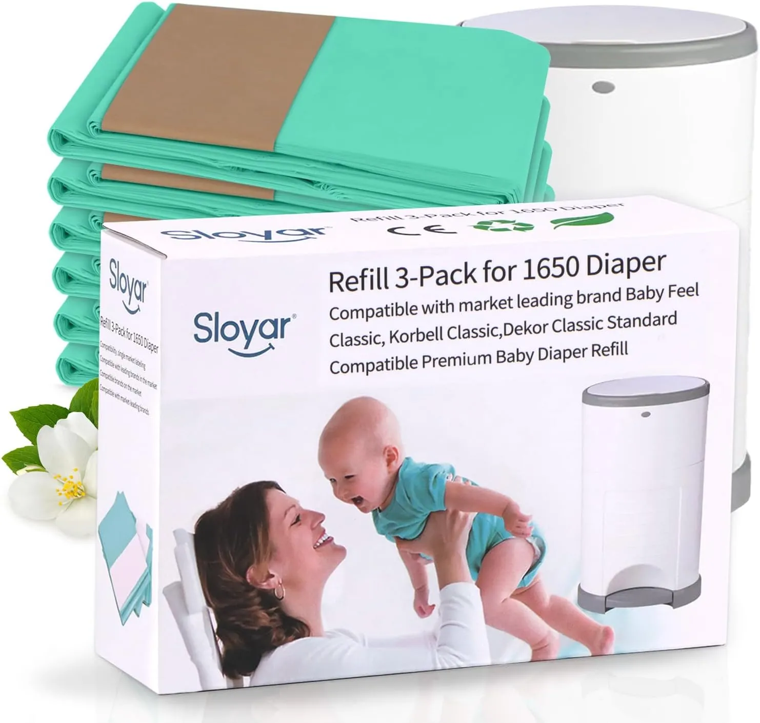 Refill Diaper Pail Bags - 3 Pack for 1650 Diapers, Talcum Powder Scent, Compatible with DEKOR Classic Trash Can, Extra Thick for Leak Protection