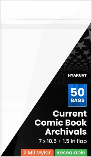 Resealable Mylar Current Comic Bags - Archival Quality & Acid-Free, 7" x 10.5", 1.5" Flap, 2 Mil Protection for Comic Book Collectors (50 Pack)