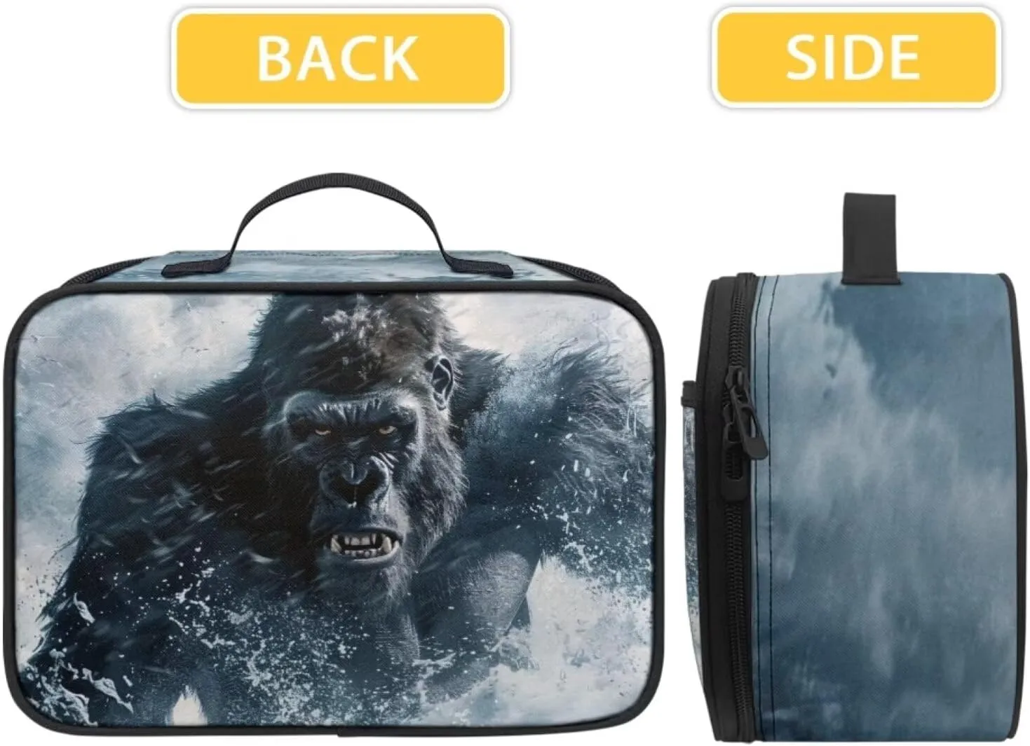 Reusable School Insulated Lunch Bag for Girls Boys Personalized Stormy Sea Angry Gorilla Lunch Box with Pocket Smooth Zipper Soft Snack Food Bag Back To School Thermal Lunch Tote for Kids
