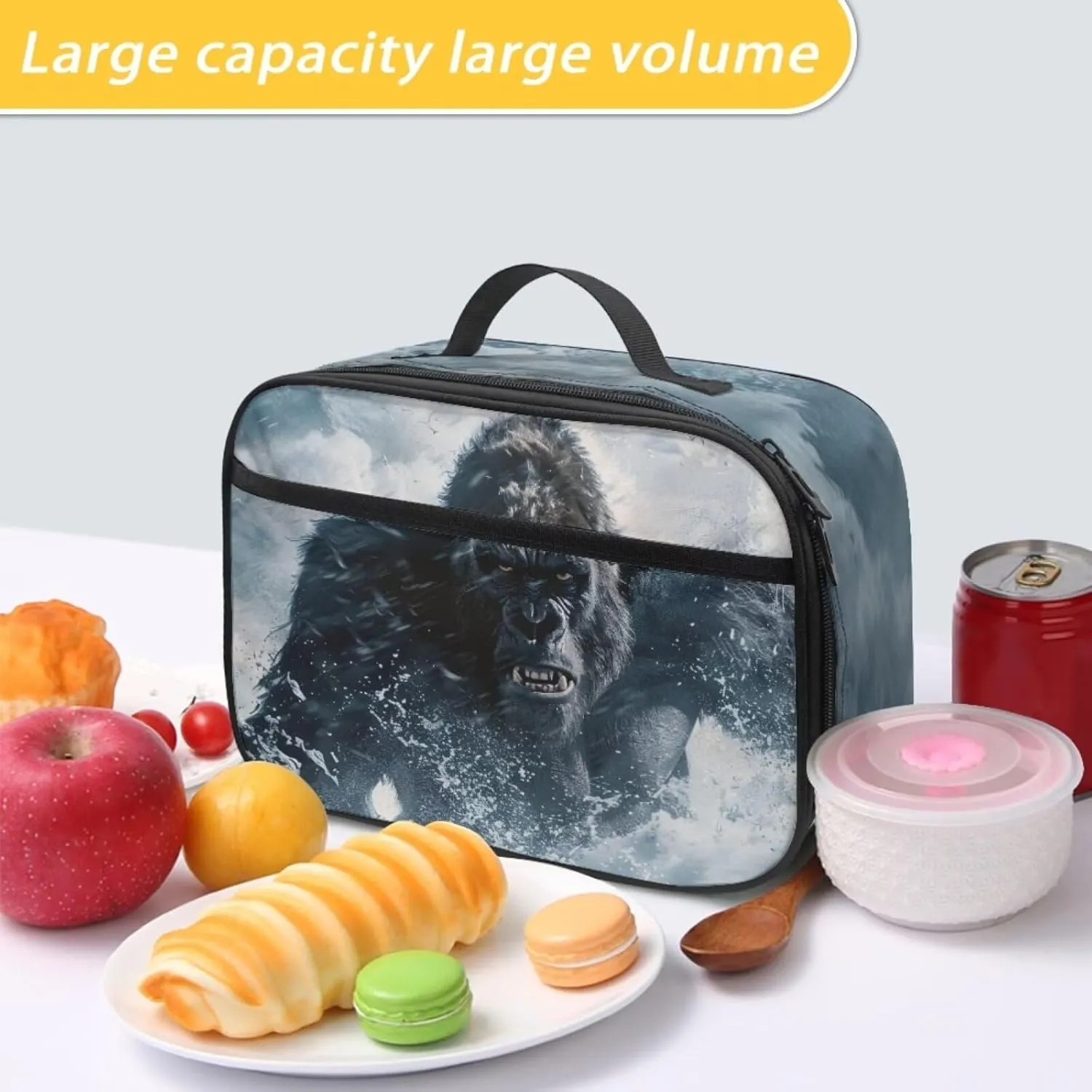Reusable School Insulated Lunch Bag for Girls Boys Personalized Stormy Sea Angry Gorilla Lunch Box with Pocket Smooth Zipper Soft Snack Food Bag Back To School Thermal Lunch Tote for Kids