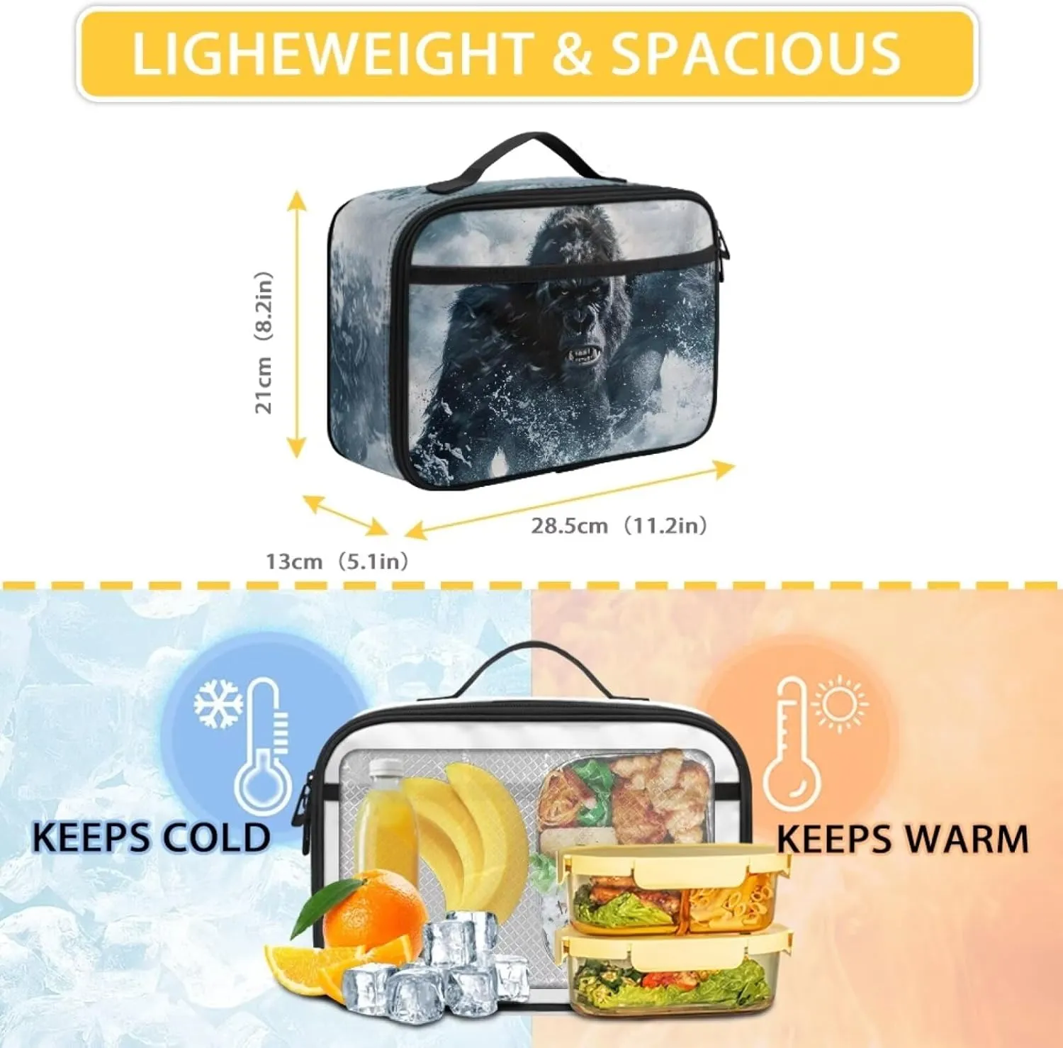 Reusable School Insulated Lunch Bag for Girls Boys Personalized Stormy Sea Angry Gorilla Lunch Box with Pocket Smooth Zipper Soft Snack Food Bag Back To School Thermal Lunch Tote for Kids