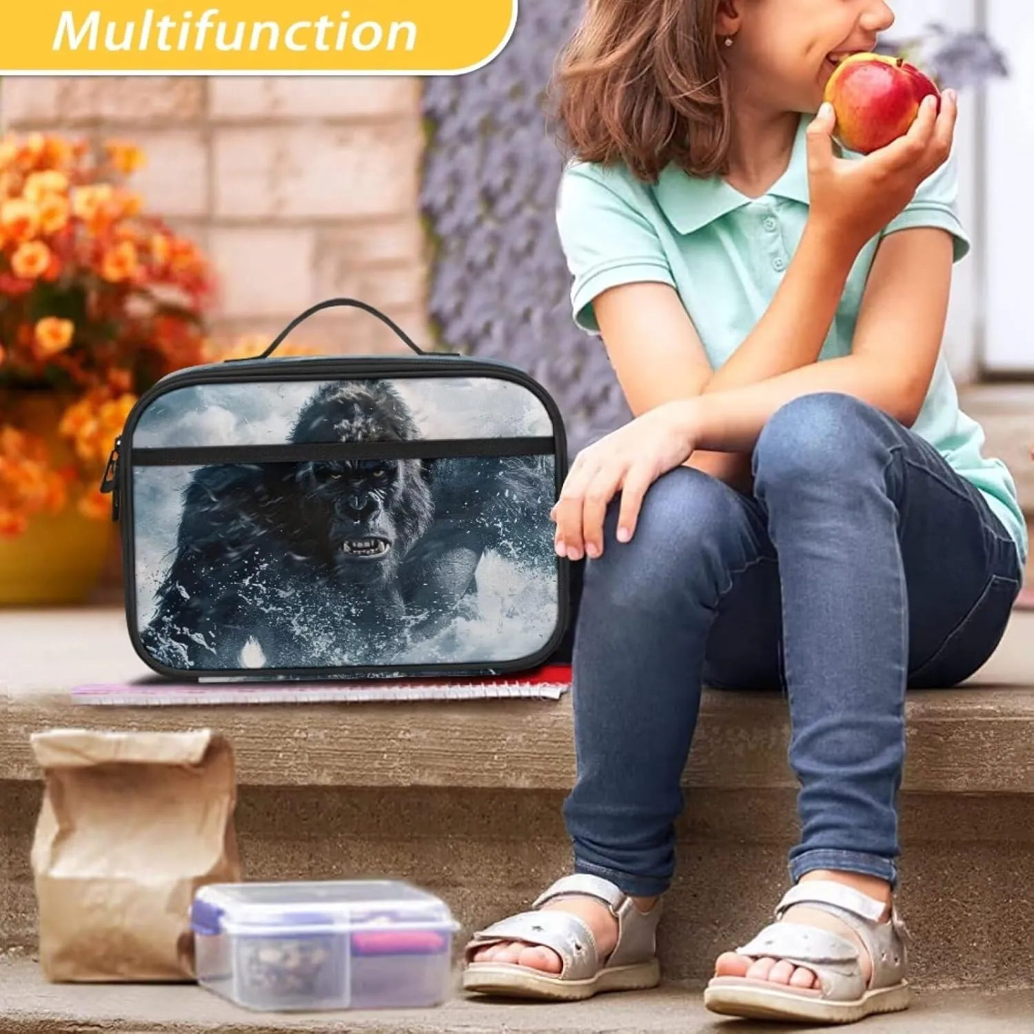 Reusable School Insulated Lunch Bag for Girls Boys Personalized Stormy Sea Angry Gorilla Lunch Box with Pocket Smooth Zipper Soft Snack Food Bag Back To School Thermal Lunch Tote for Kids