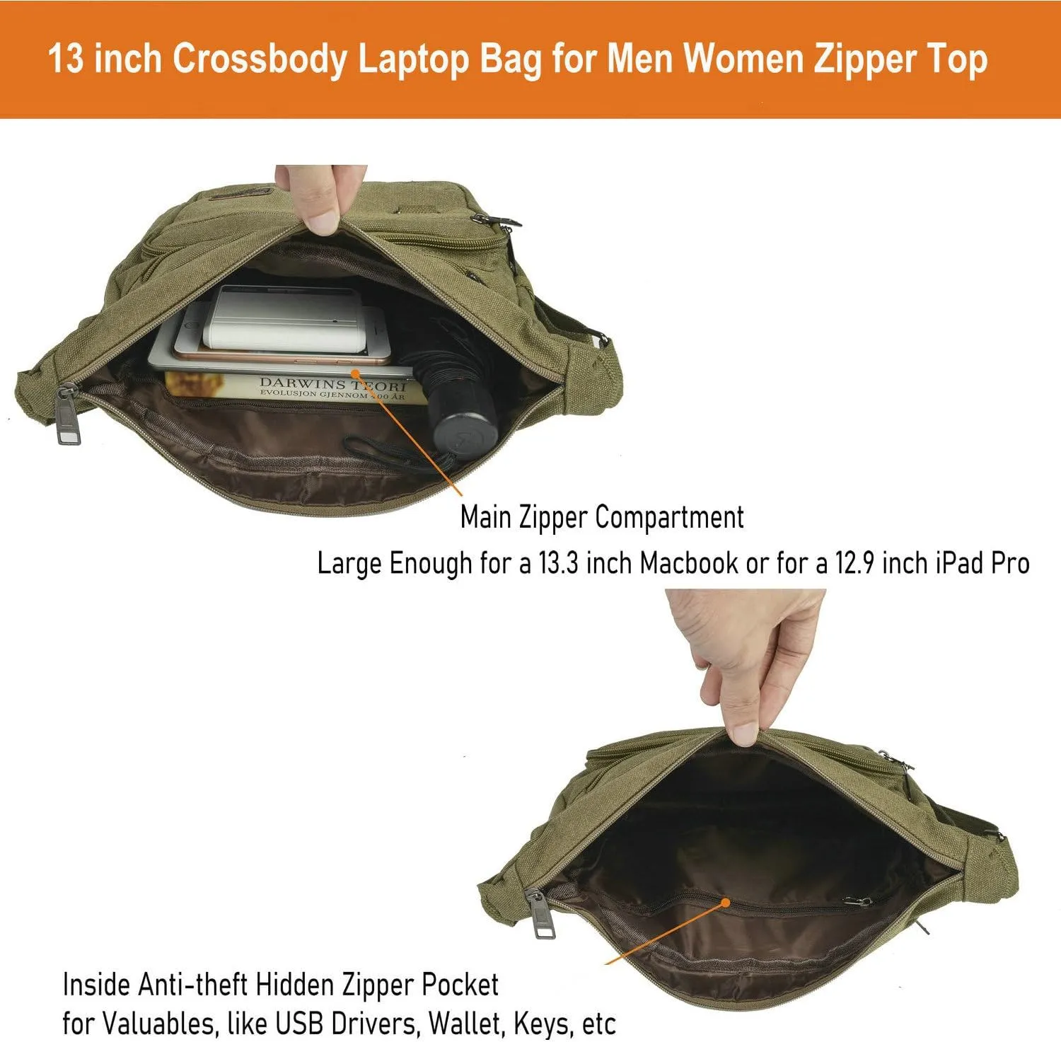 Rfid Crossbody Messenger Bag with Water Bottle Holders, 13 inch Laptop Shoulder Bag, Sling Satchel Purse w/Built-in Wallet