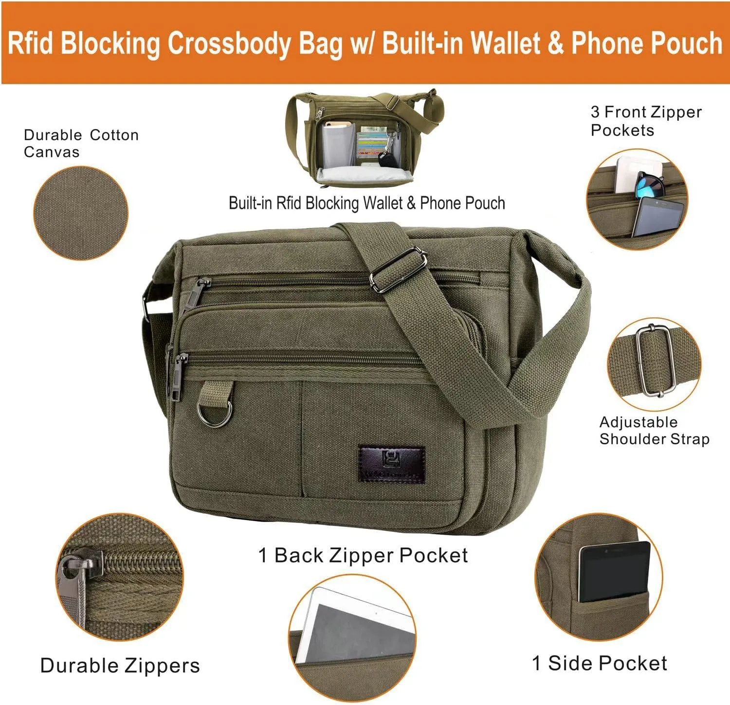 Rfid Crossbody Messenger Bag with Water Bottle Holders, 13 inch Laptop Shoulder Bag, Sling Satchel Purse w/Built-in Wallet