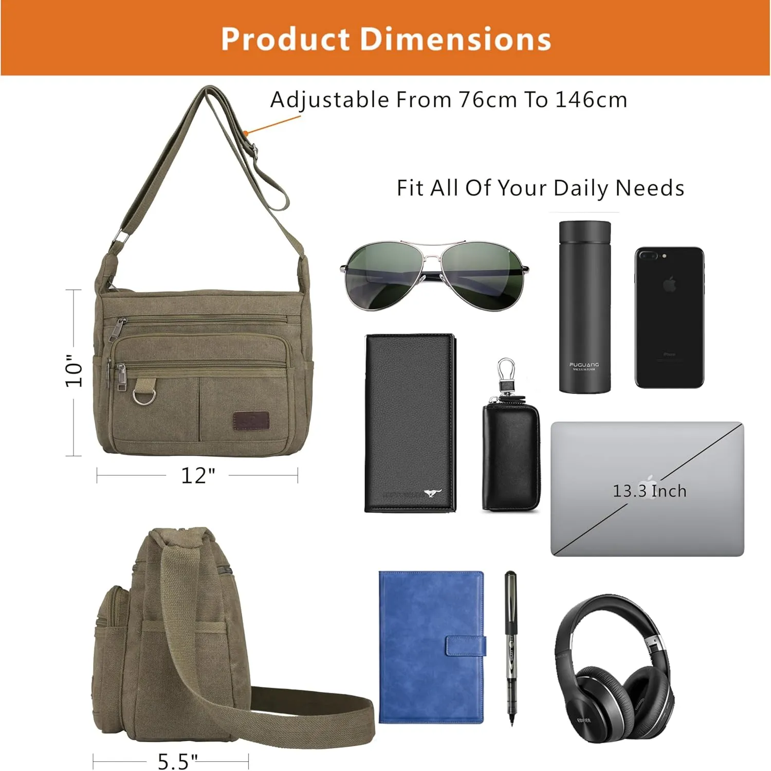 Rfid Crossbody Messenger Bag with Water Bottle Holders, 13 inch Laptop Shoulder Bag, Sling Satchel Purse w/Built-in Wallet