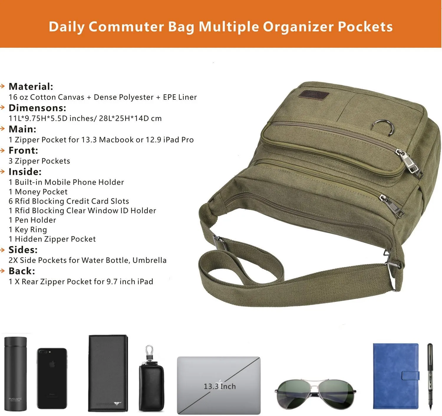 Rfid Crossbody Messenger Bag with Water Bottle Holders, 13 inch Laptop Shoulder Bag, Sling Satchel Purse w/Built-in Wallet