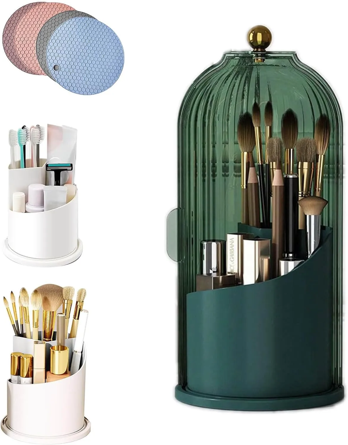 Rotating Bathroom Organizer Toothbrush Holders with Sliding Lid Waterproof Dustproof Makeup Brushes Storage Concealed Vanity Covered Brush Holder 360° Space-Saving Design (A03)
