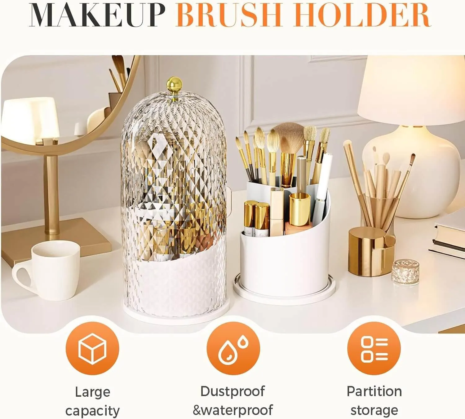 Rotating Bathroom Organizer Toothbrush Holders with Sliding Lid Waterproof Dustproof Makeup Brushes Storage Concealed Vanity Covered Brush Holder 360° Space-Saving Design (A03)