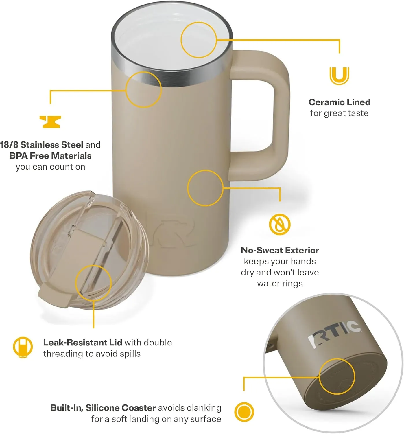 RTIC 16oz Road Trip Travel Mug with Lid and Handle, Insulated, Stainless Steel, Metal, Double Wall Vacuum-Insulation, Ceramic Lined, Portable Coffee, Tea Cup for Hot and Cold Drink, Beach