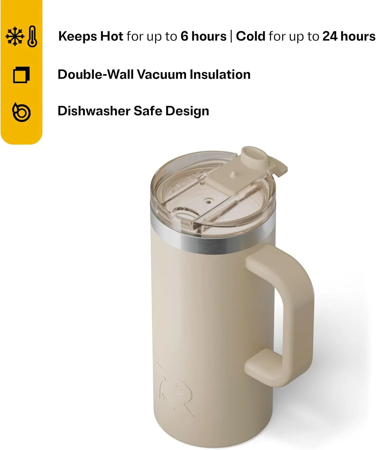 RTIC 16oz Road Trip Travel Mug with Lid and Handle, Insulated, Stainless Steel, Metal, Double Wall Vacuum-Insulation, Ceramic Lined, Portable Coffee, Tea Cup for Hot and Cold Drink, Beach