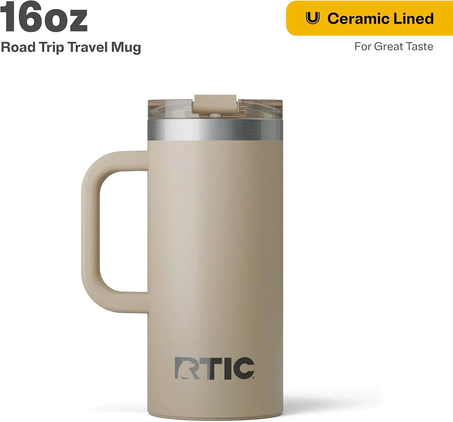 RTIC 16oz Road Trip Travel Mug with Lid and Handle, Insulated, Stainless Steel, Metal, Double Wall Vacuum-Insulation, Ceramic Lined, Portable Coffee, Tea Cup for Hot and Cold Drink, Beach