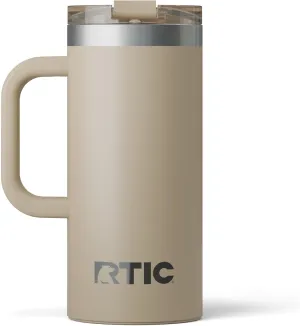 RTIC 16oz Road Trip Travel Mug with Lid and Handle, Insulated, Stainless Steel, Metal, Double Wall Vacuum-Insulation, Ceramic Lined, Portable Coffee, Tea Cup for Hot and Cold Drink, Beach
