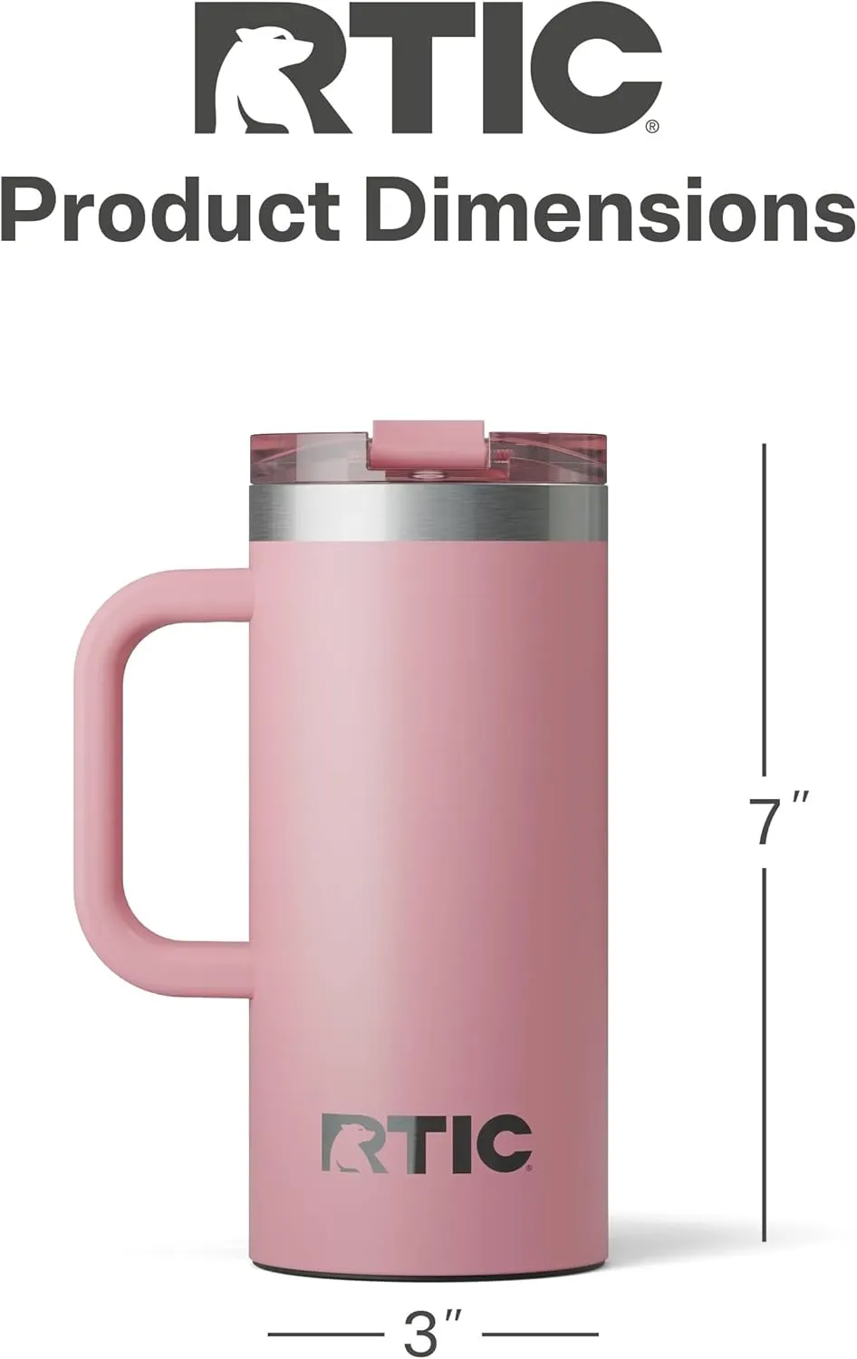 RTIC 16oz Road Trip Travel Mug with Lid and Handle, Insulated, Stainless Steel, Metal, Double Wall Vacuum-Insulation, Ceramic Lined, Portable Coffee, Tea Cup for Hot and Cold Drink, Dusty Rose