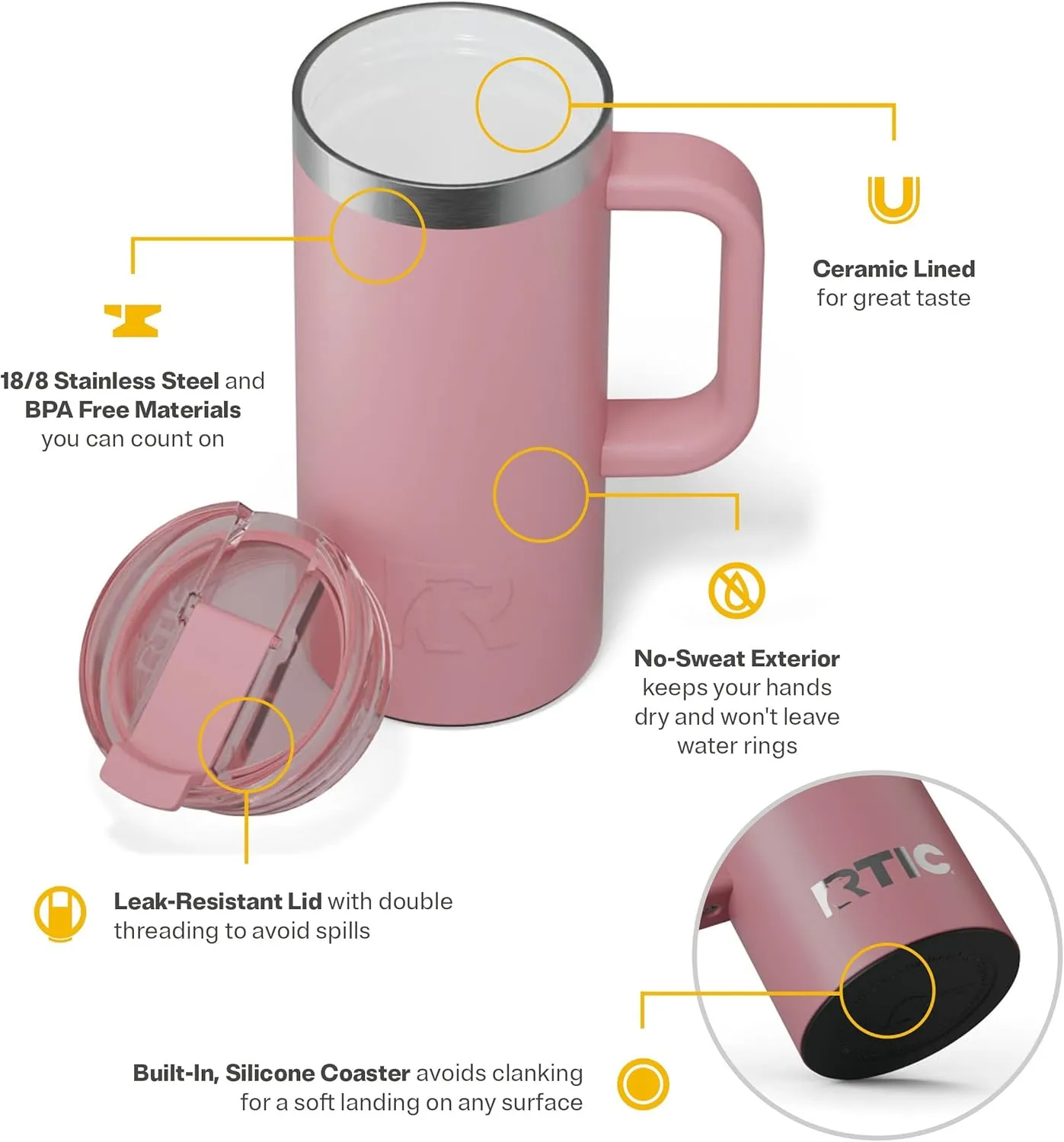 RTIC 16oz Road Trip Travel Mug with Lid and Handle, Insulated, Stainless Steel, Metal, Double Wall Vacuum-Insulation, Ceramic Lined, Portable Coffee, Tea Cup for Hot and Cold Drink, Dusty Rose