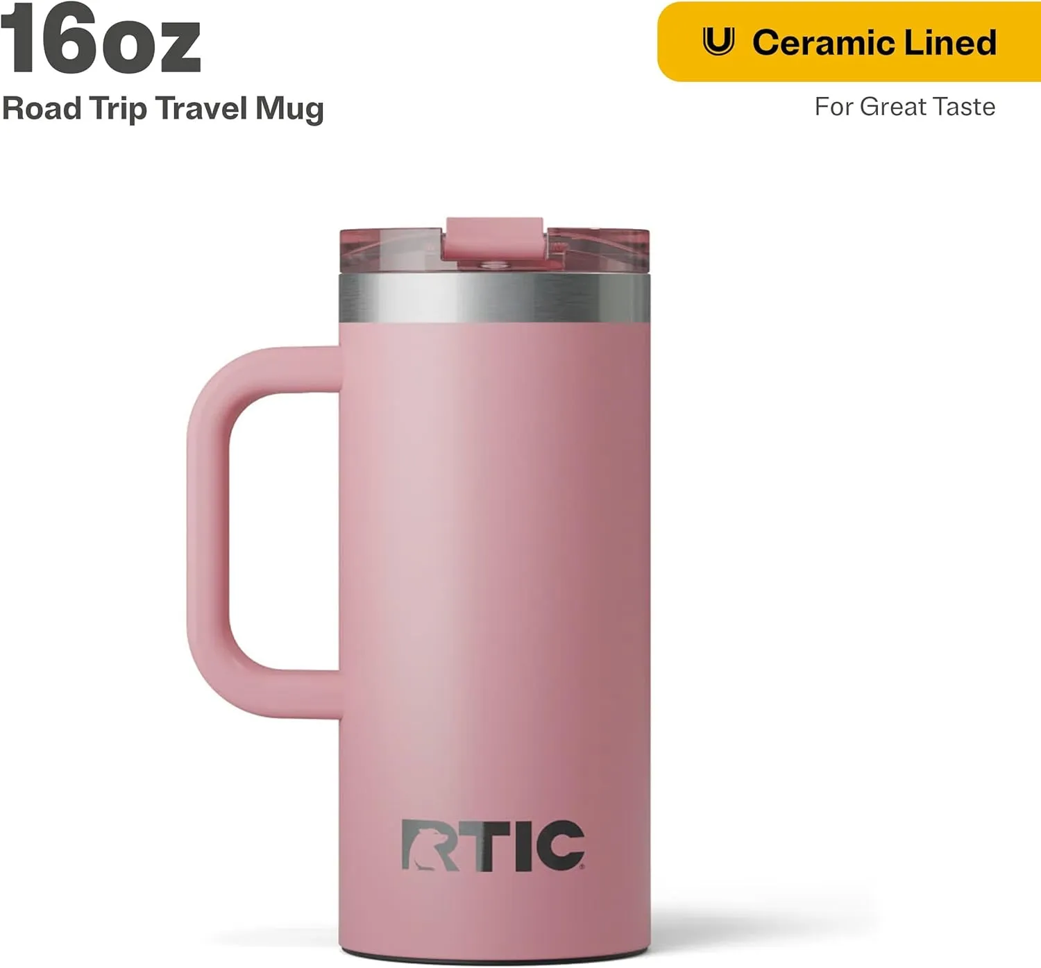 RTIC 16oz Road Trip Travel Mug with Lid and Handle, Insulated, Stainless Steel, Metal, Double Wall Vacuum-Insulation, Ceramic Lined, Portable Coffee, Tea Cup for Hot and Cold Drink, Dusty Rose