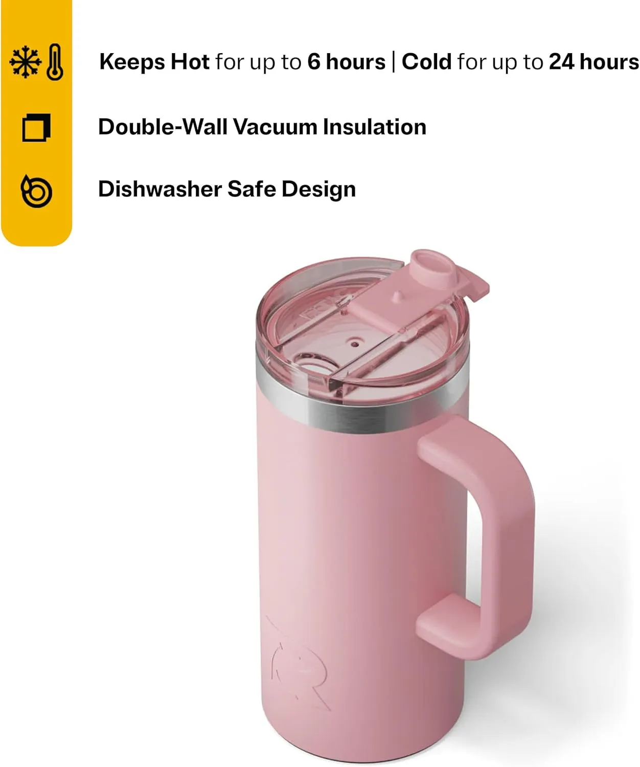RTIC 16oz Road Trip Travel Mug with Lid and Handle, Insulated, Stainless Steel, Metal, Double Wall Vacuum-Insulation, Ceramic Lined, Portable Coffee, Tea Cup for Hot and Cold Drink, Dusty Rose