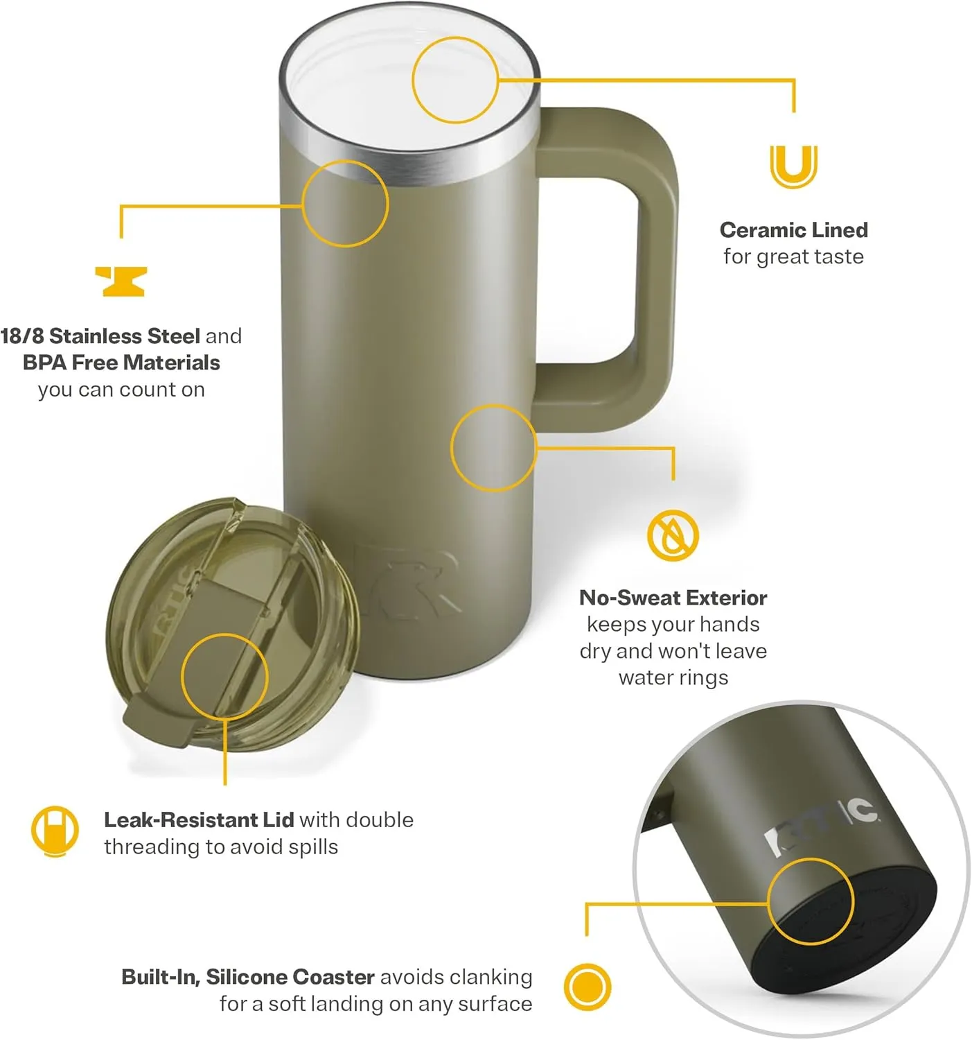RTIC 20oz Road Trip Travel Mug with Lid and Handle, Insulated, Stainless Steel, Metal, Double Wall Vacuum-Insulation, Ceramic Lined, Portable Coffee, Tea Cup for Hot and Cold Drink, Olive