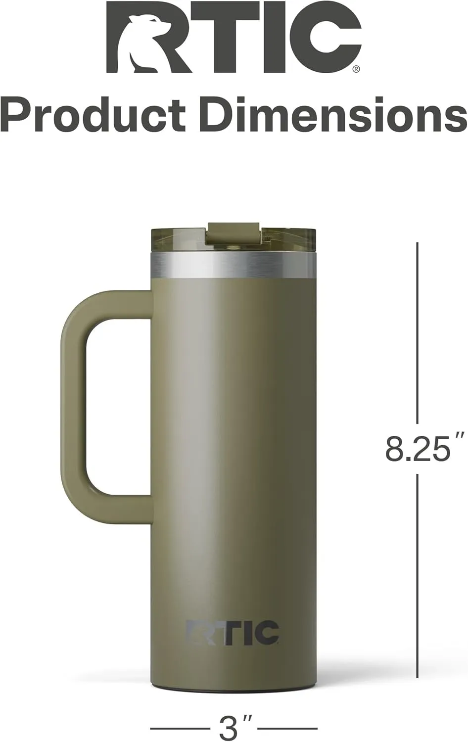 RTIC 20oz Road Trip Travel Mug with Lid and Handle, Insulated, Stainless Steel, Metal, Double Wall Vacuum-Insulation, Ceramic Lined, Portable Coffee, Tea Cup for Hot and Cold Drink, Olive