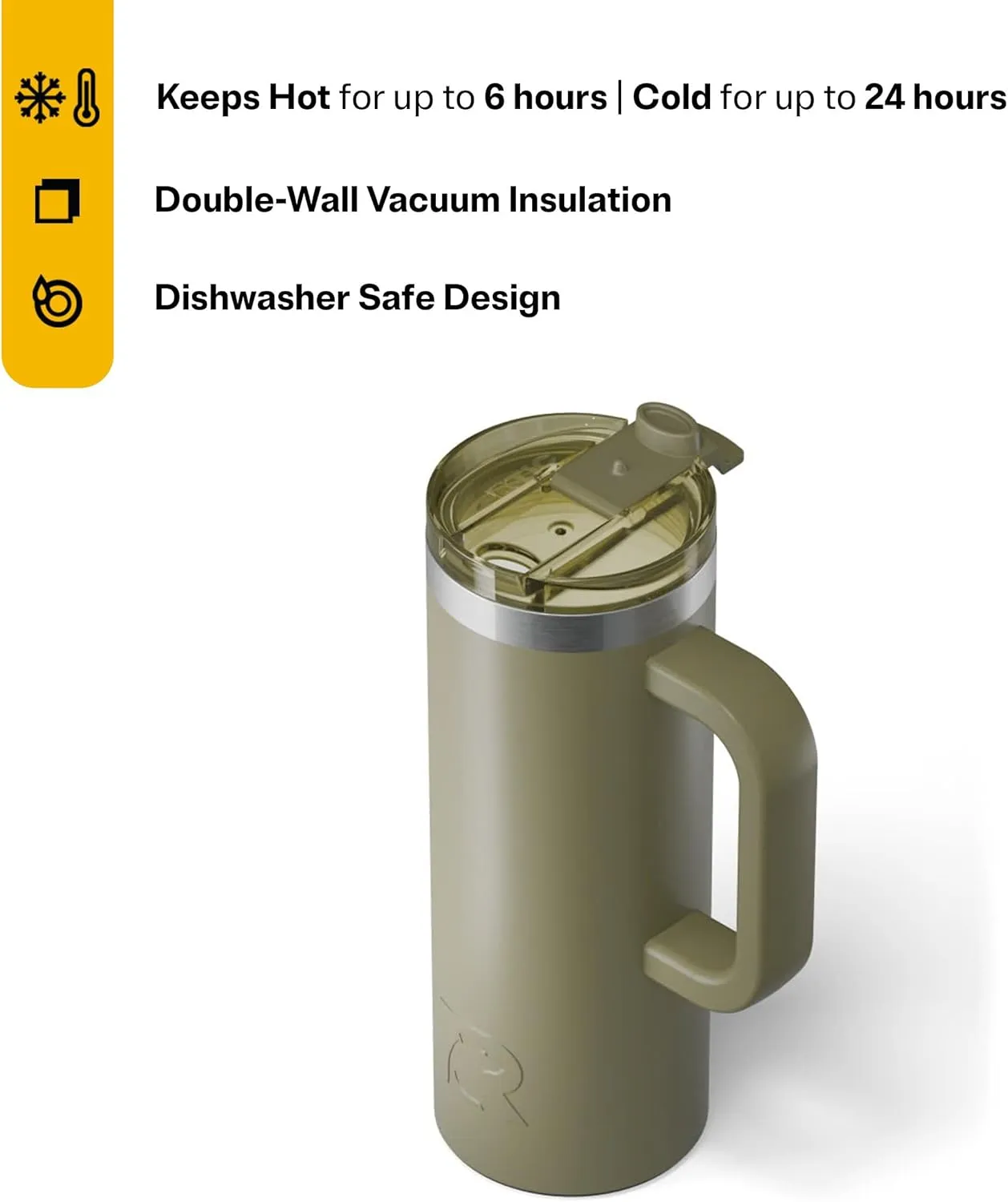 RTIC 20oz Road Trip Travel Mug with Lid and Handle, Insulated, Stainless Steel, Metal, Double Wall Vacuum-Insulation, Ceramic Lined, Portable Coffee, Tea Cup for Hot and Cold Drink, Olive