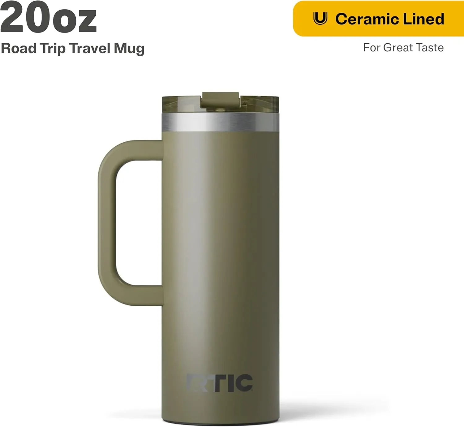 RTIC 20oz Road Trip Travel Mug with Lid and Handle, Insulated, Stainless Steel, Metal, Double Wall Vacuum-Insulation, Ceramic Lined, Portable Coffee, Tea Cup for Hot and Cold Drink, Olive