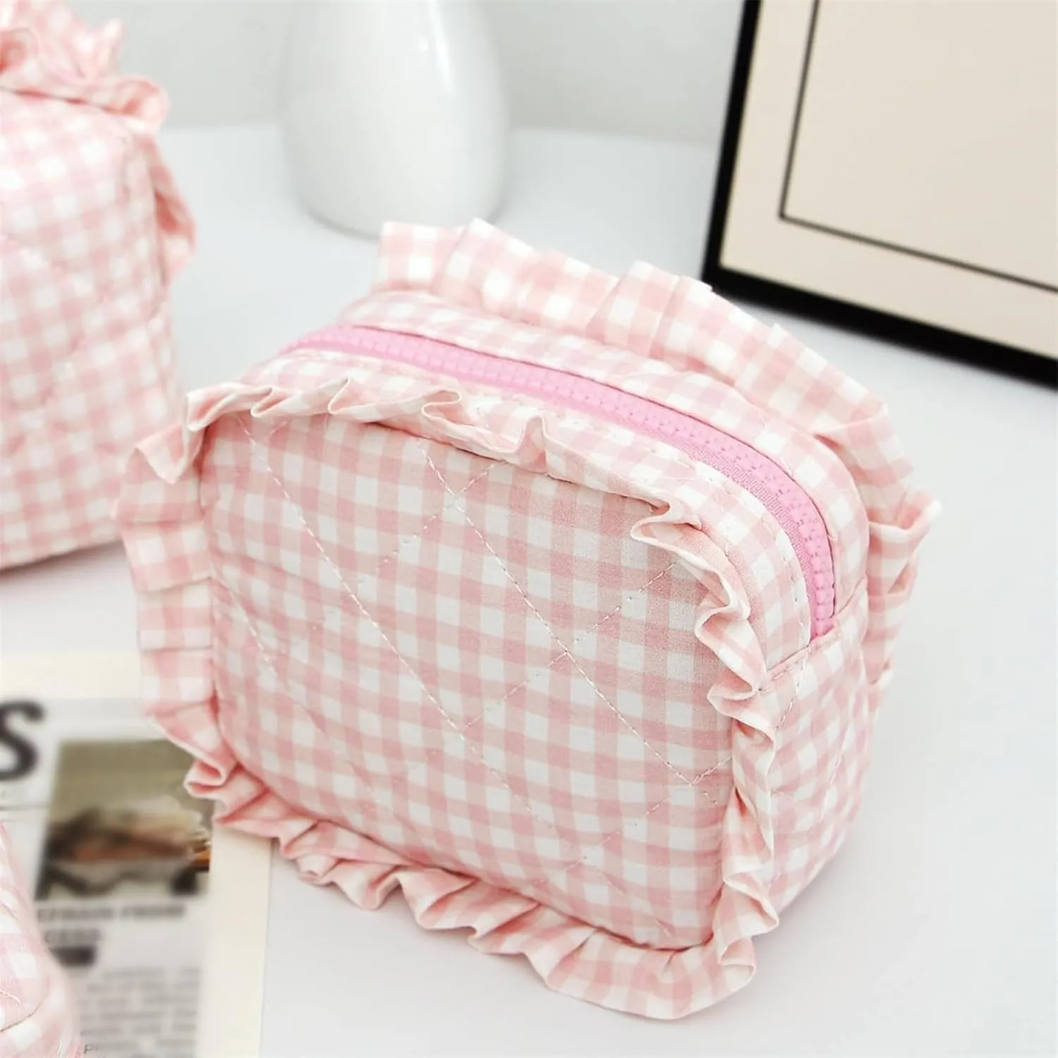 Ruffle Pouch Bag, Ruffle Makeup Bag, Plaid Quilted Makeup Bag Set for Travel, Gingham Pouch, Mini Quilted Cosmetic Pouch, 3PCS Small PlaidQuilted Makeup Bags Set for Travel (Purple)