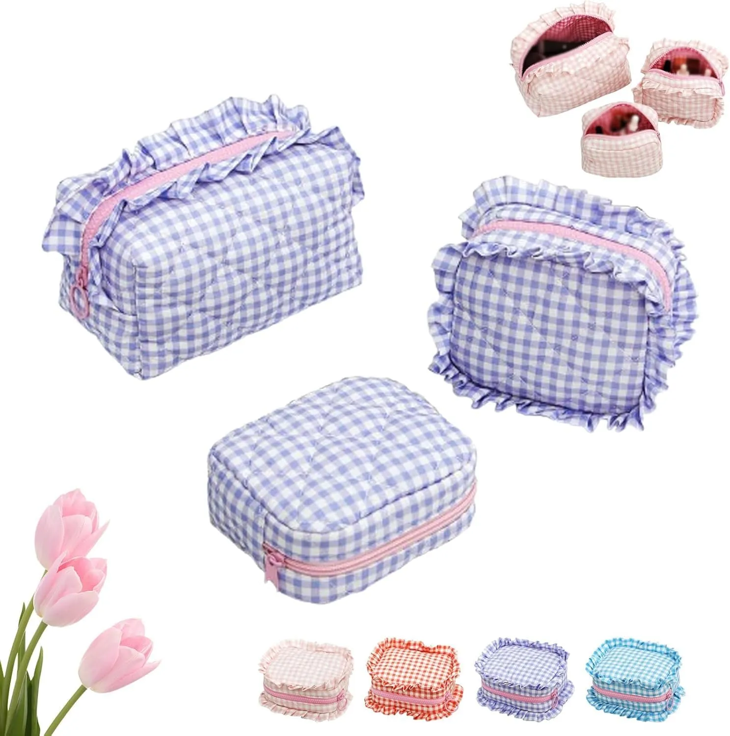 Ruffle Pouch Bag, Ruffle Makeup Bag, Plaid Quilted Makeup Bag Set for Travel, Gingham Pouch, Mini Quilted Cosmetic Pouch, 3PCS Small PlaidQuilted Makeup Bags Set for Travel (Purple)