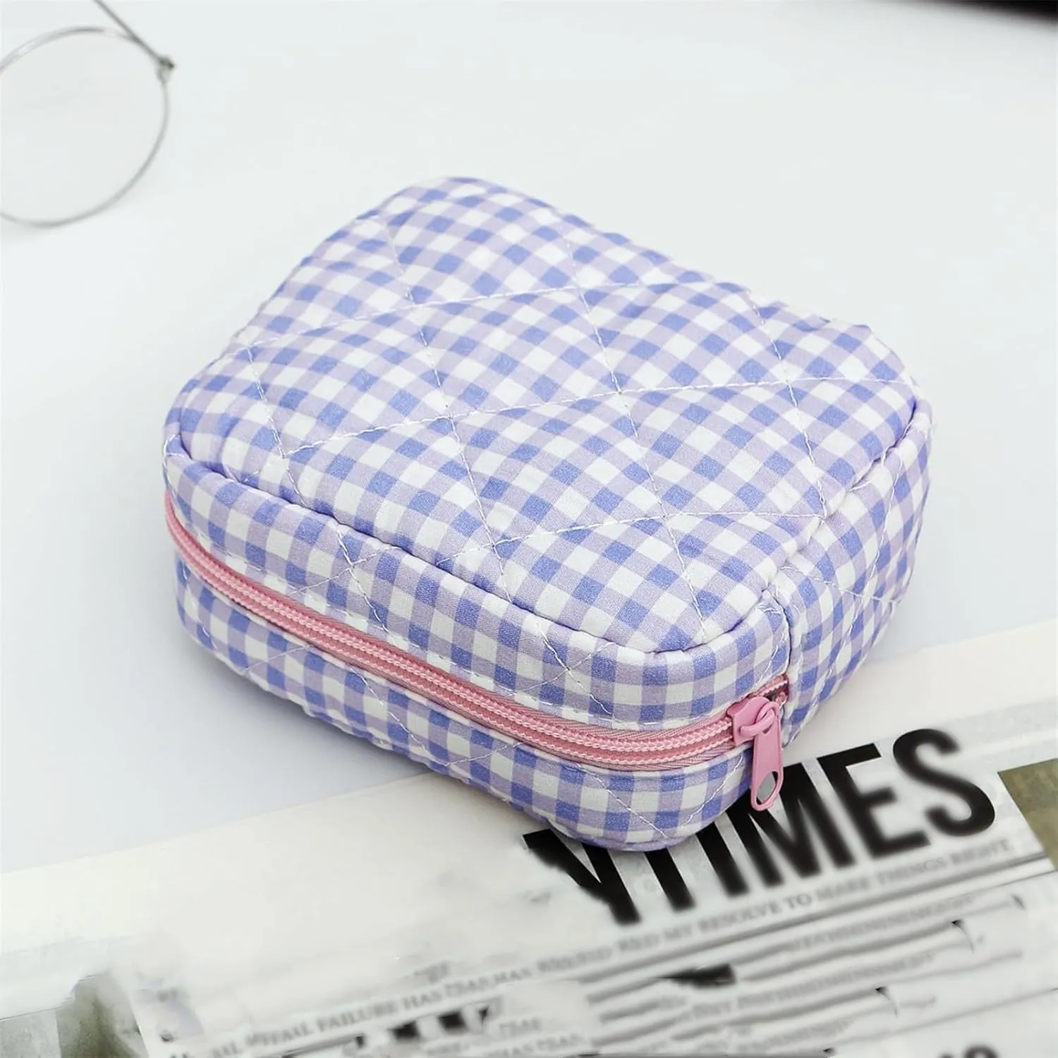 Ruffle Pouch Bag, Ruffle Makeup Bag, Plaid Quilted Makeup Bag Set for Travel, Gingham Pouch, Mini Quilted Cosmetic Pouch, 3PCS Small PlaidQuilted Makeup Bags Set for Travel (Purple)