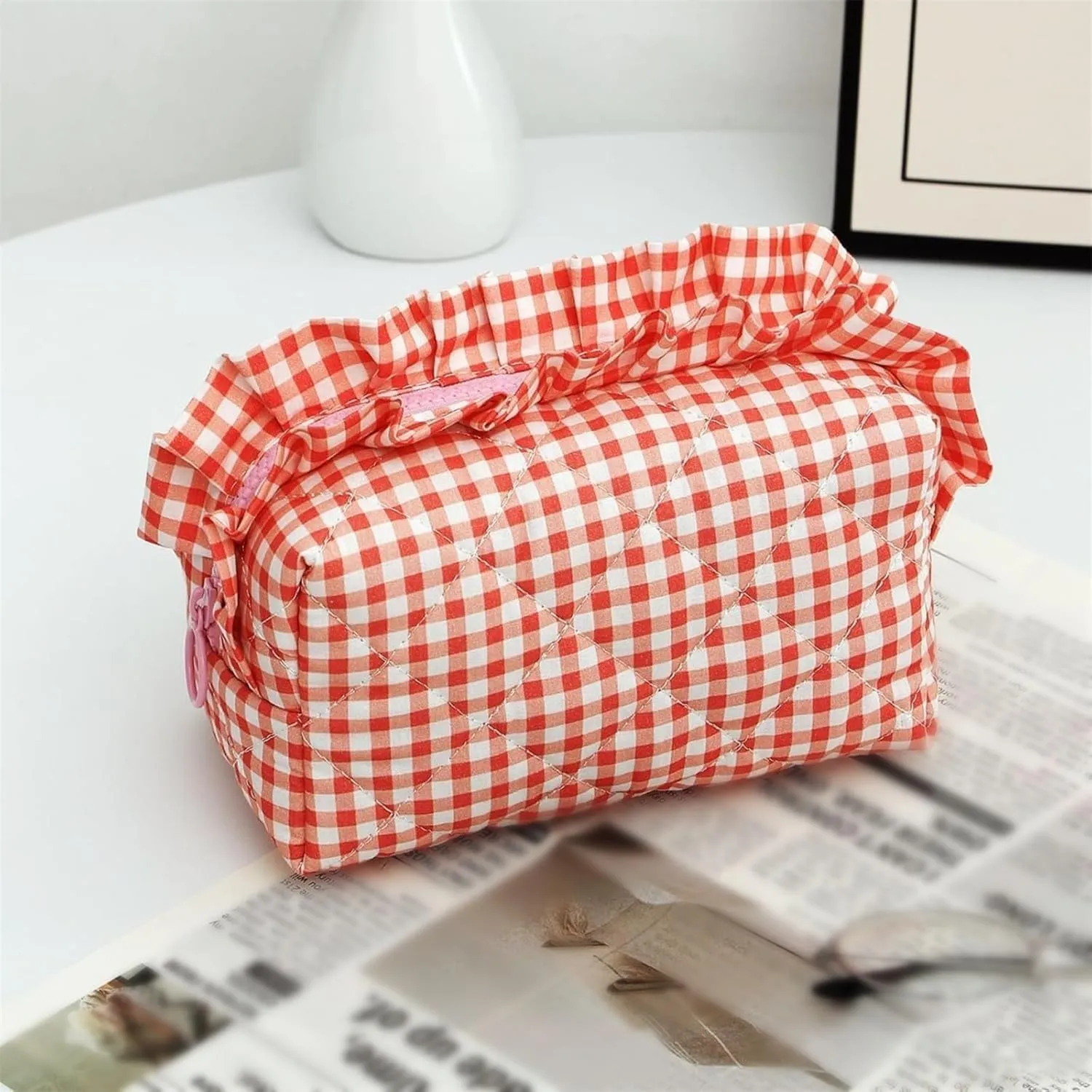 Ruffle Pouch Bag, Ruffle Makeup Bag, Plaid Quilted Makeup Bag Set for Travel, Gingham Pouch, Mini Quilted Cosmetic Pouch, 3PCS Small PlaidQuilted Makeup Bags Set for Travel (Purple)