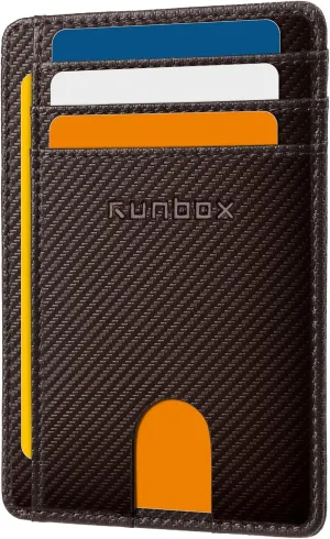RUNBOX Slim Minimalist RFID Blocking Front Pocket Leather Wallets for Men Women Gift Box Coffee
