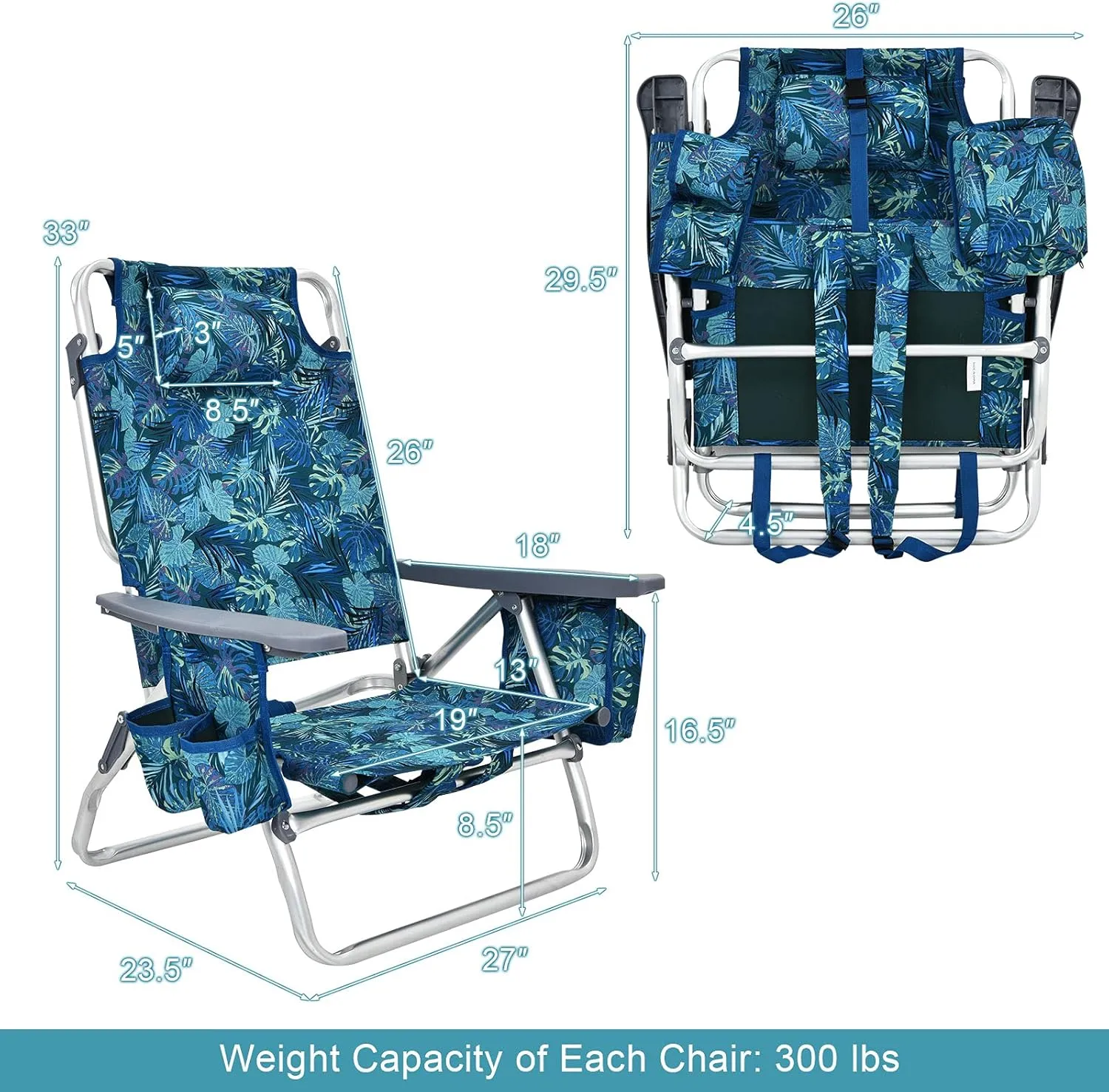 S AFSTAR Beach Chair Set of 2, Folding Camping Chairs, 5-Position Adjustable Chairs W/Ice Bag, Comfort Pillow, Cup Holder, Backpack Recline Beach Chairs for Sunbathing Fishing Travel (2, Navy Pattern)